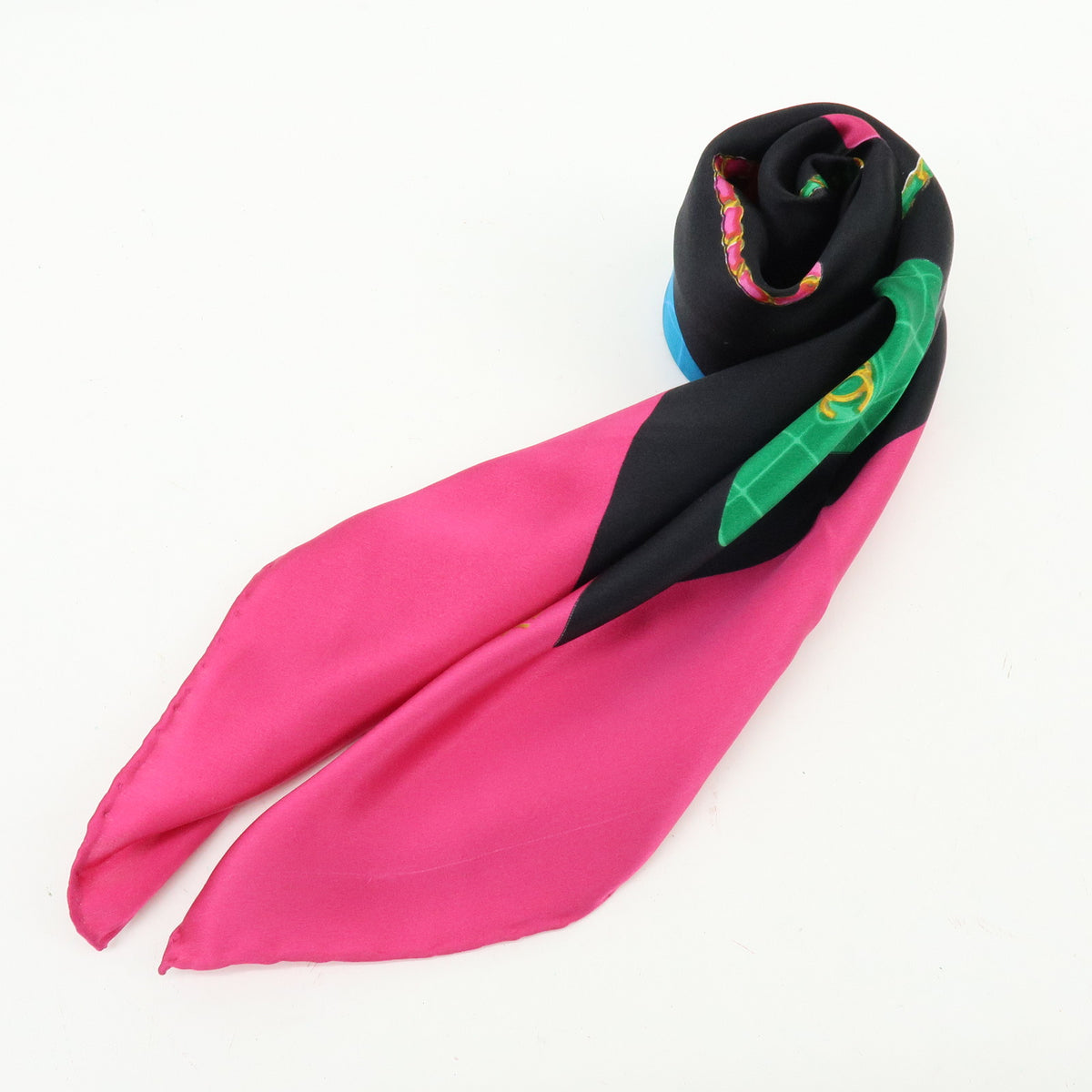 CHANEL Silk 100% Scarf Matelasse Bag Print Black Pink Green Blue