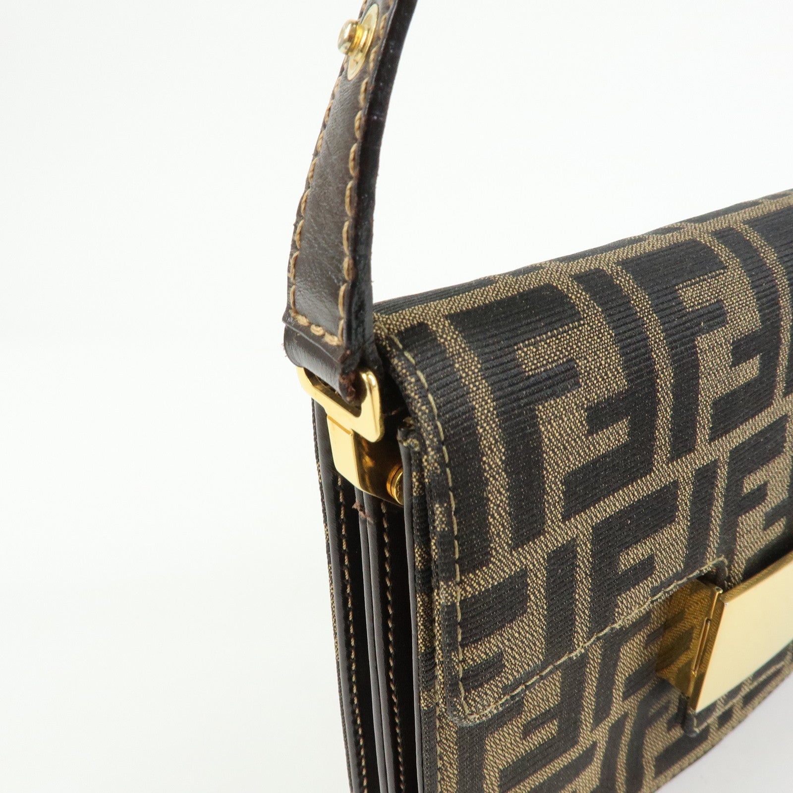 FENDI ZUCCA Jacquard Canvas Leather Shoulder Bag Brown Black