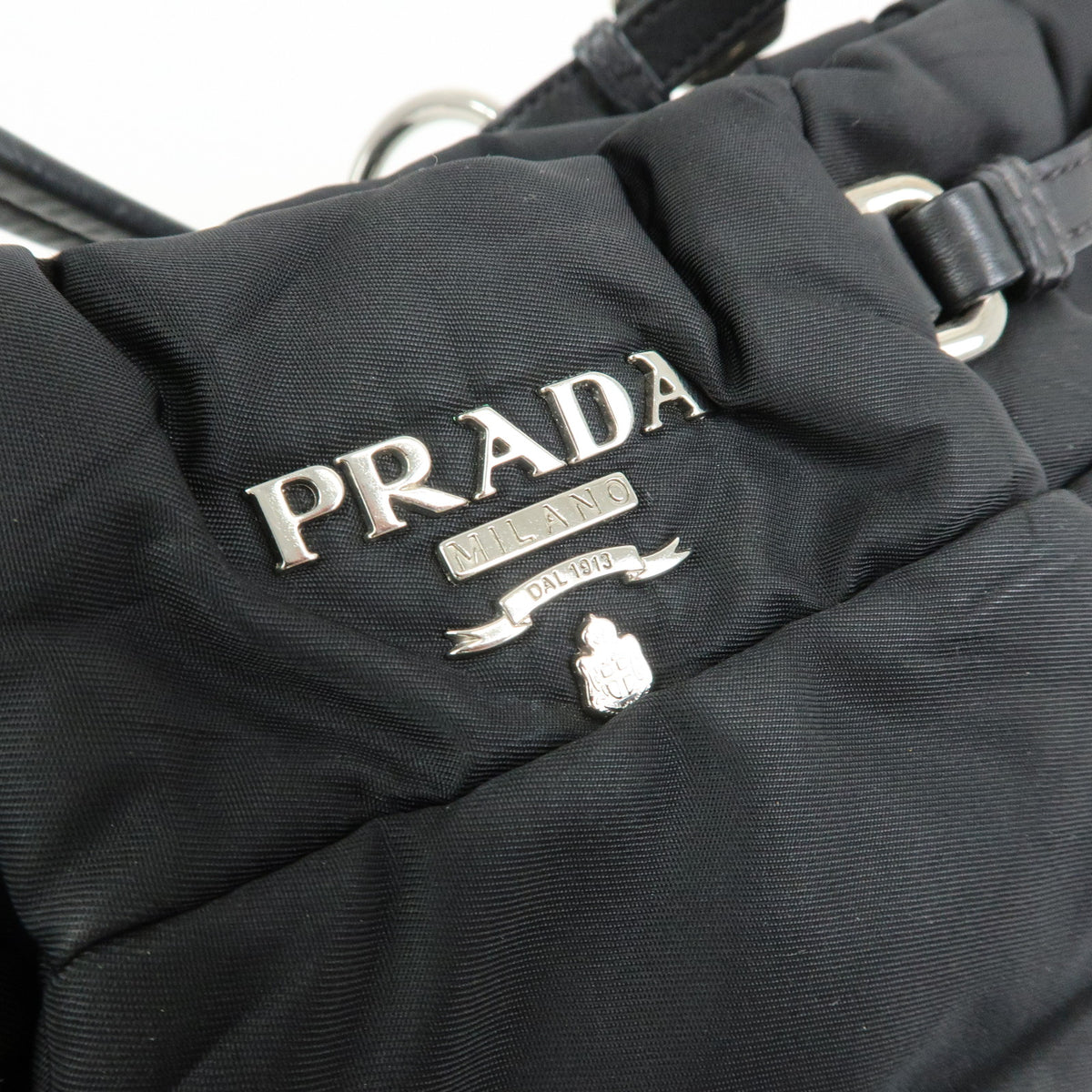 PRADA Tessuto Gathered Nylon Leather Shoulder Bag Hand Bag Black BN1704