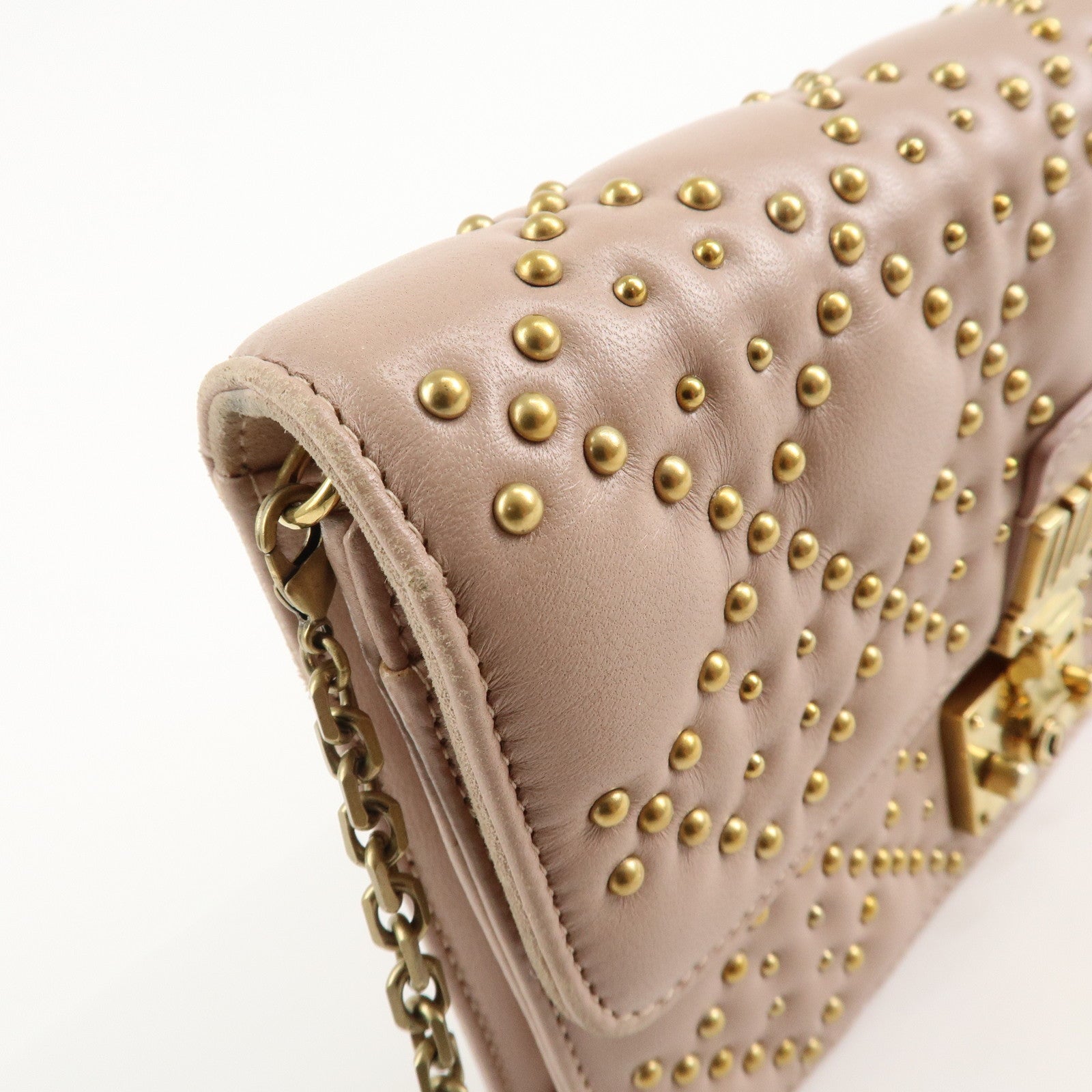 Christian Dior Addict Studs Leather Chain Shoulder Bag Hand Bag Beige Used