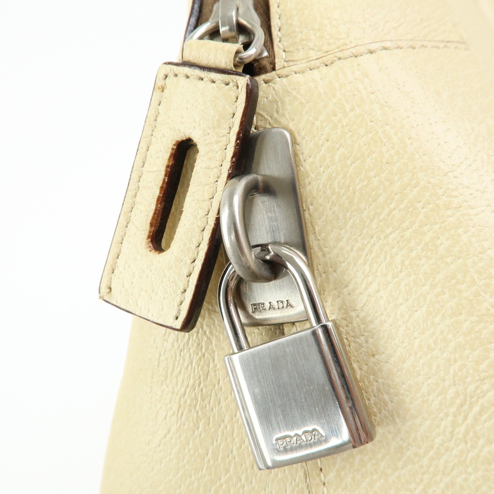 Prada Triangle Logo Leather Hand Bag Dome Bag Beige B11209
