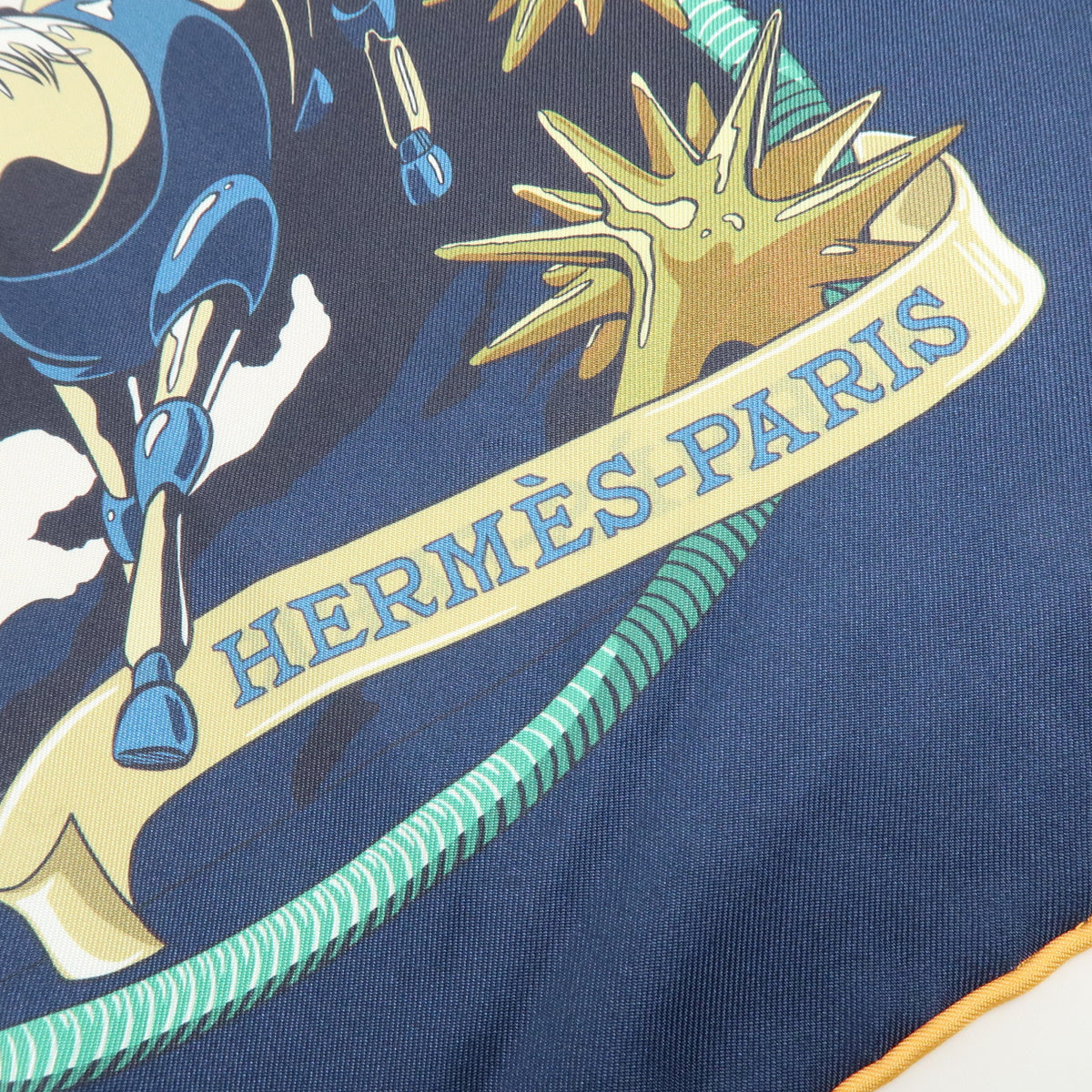 HERMES Carre Double Face 90 Silk 100% Scarf Les Mustangs Marble Navy