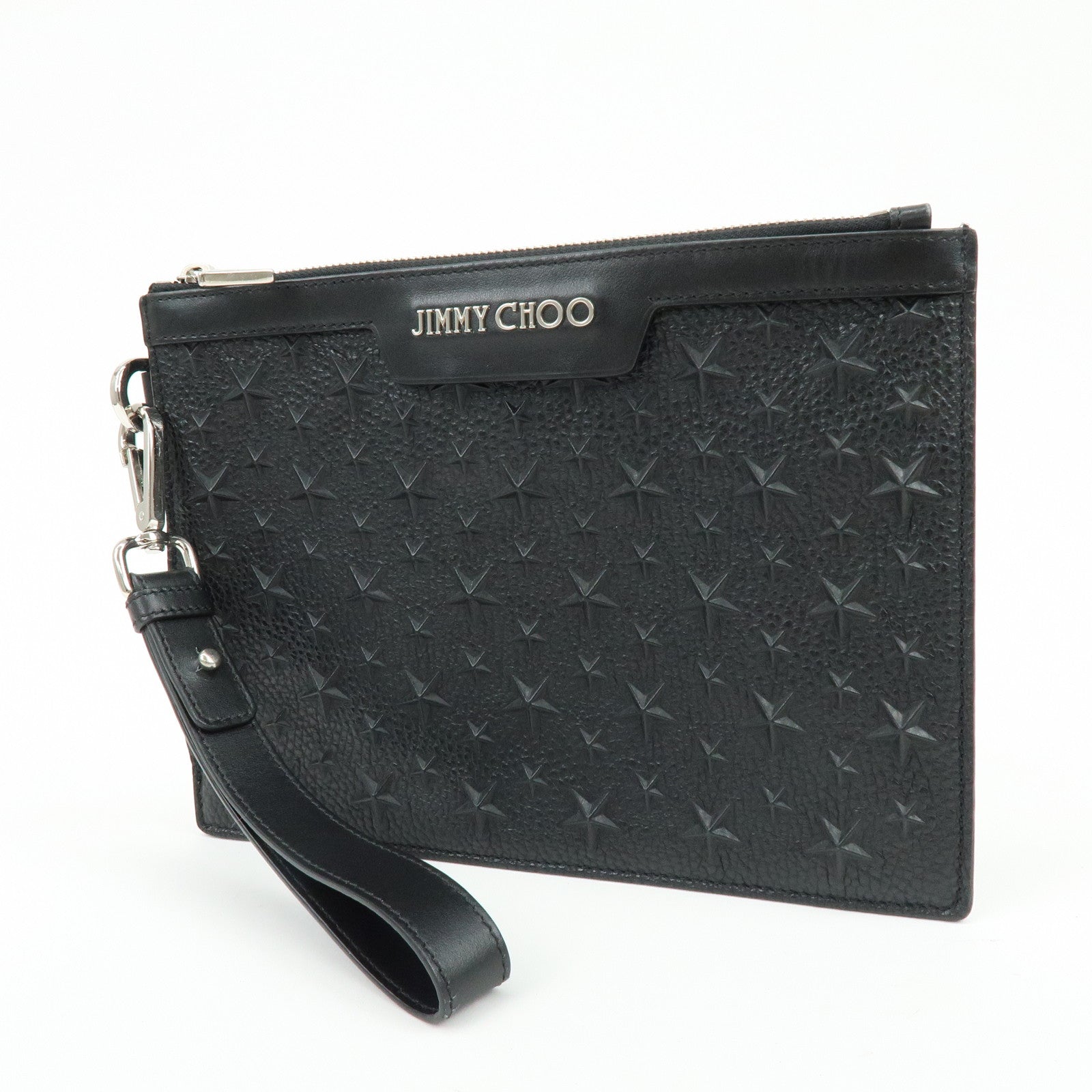JIMMY CHOO Leather Star Embossed Studs Clutch Bag  Wristlet Pouch Black