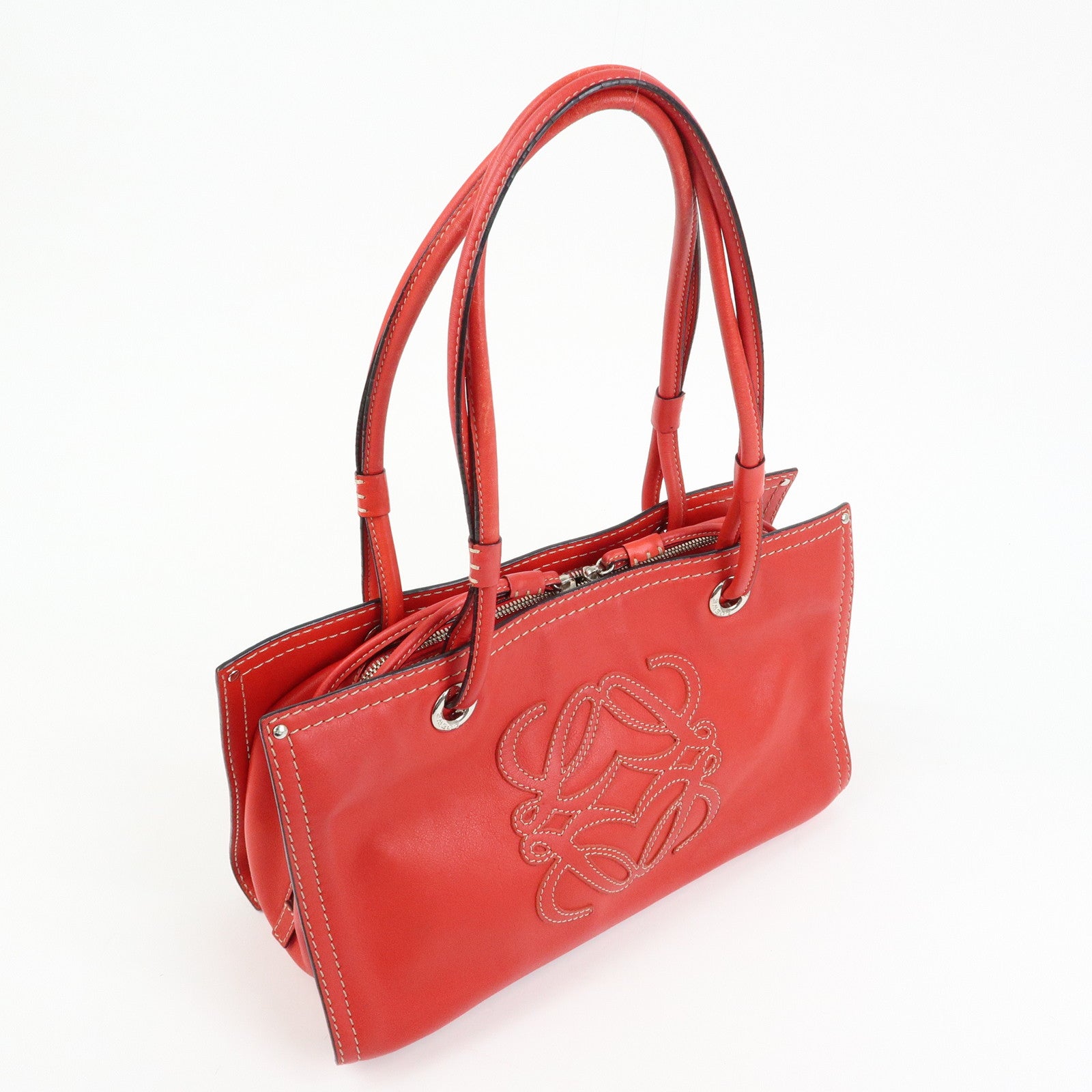 LOEWE Anagram Leather Tote Bag Hand Bag Shoulder Bag Red