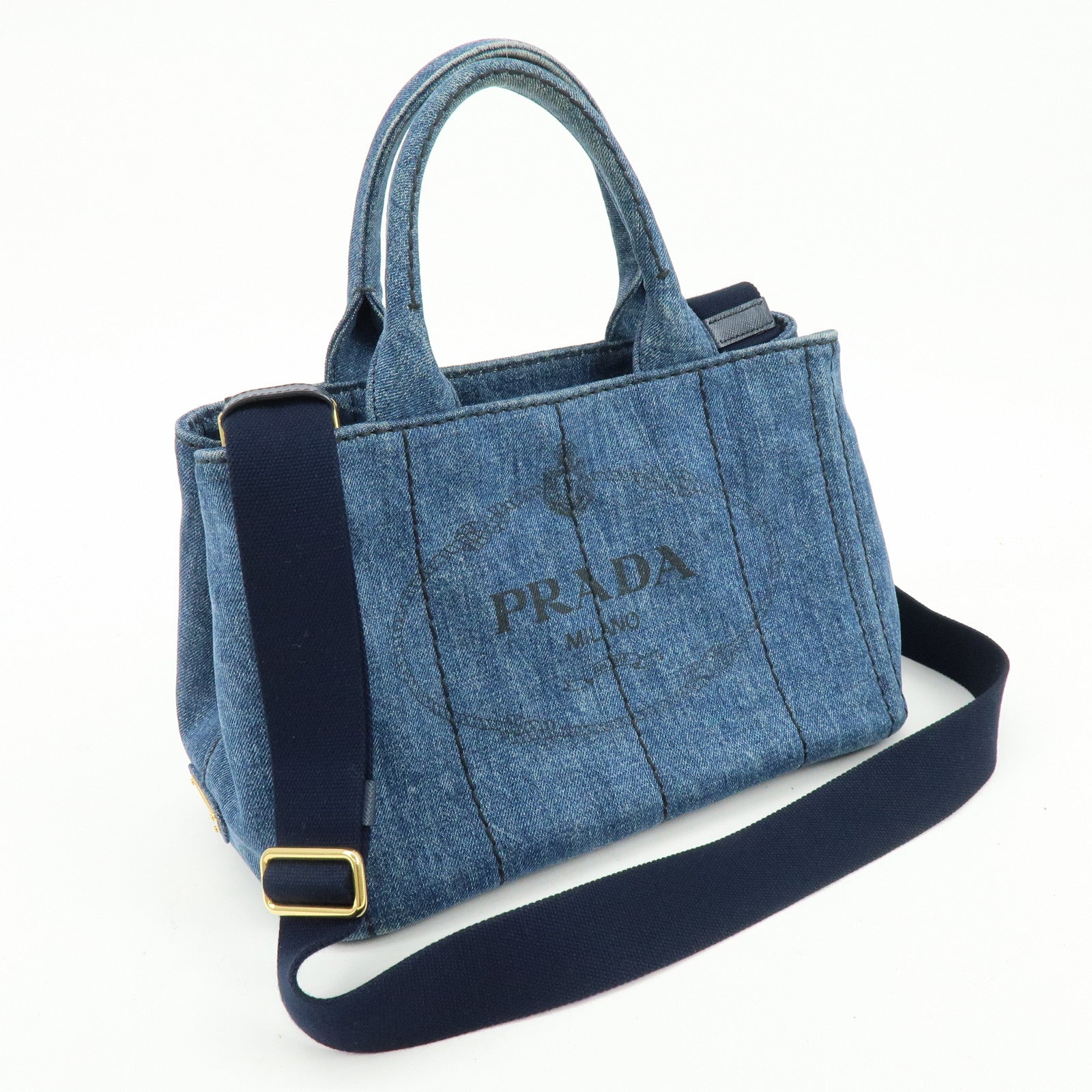 PRADA Canapa Mini Triangle Logo Denim 2Way Bag Hand Bag Blue 1BG439