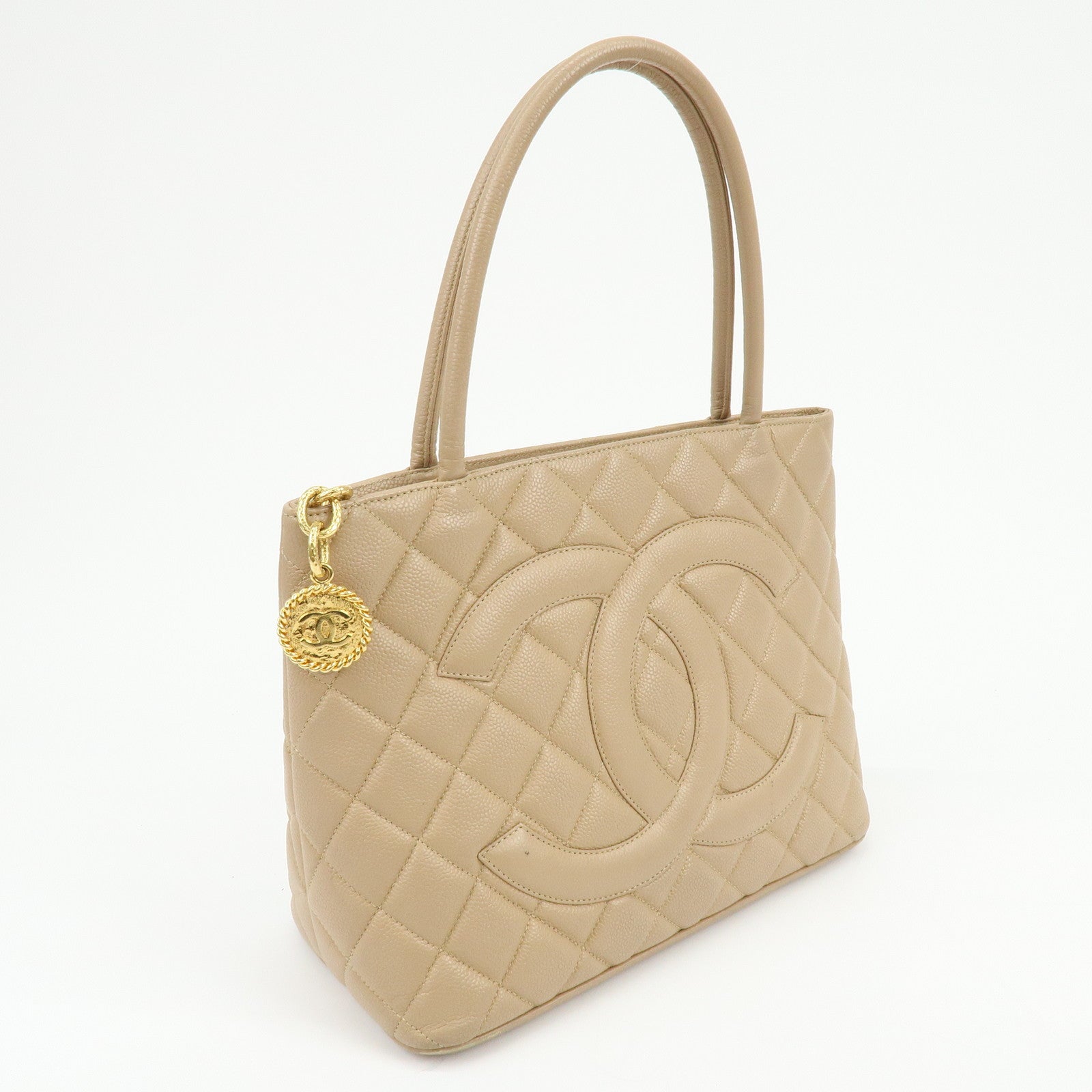 CHANEL Matelasse COCO Mark Caviarskin Medallion Tote Bag Beige A01804
