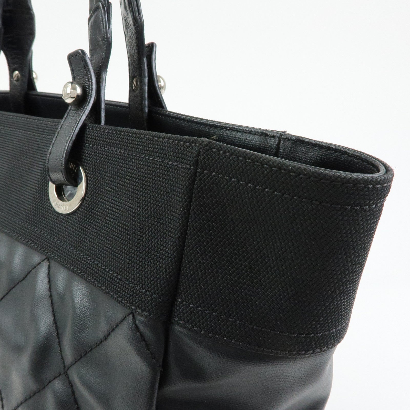 CHANEL Paris Biarritz MM Leather Canvas Tote Bag Hand Bag Black A34209
