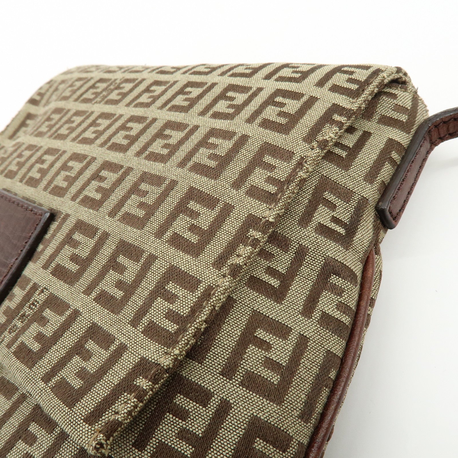 FENDI Zucchino Canvas Leather Shoulder Bag Beige Brown 8BT075