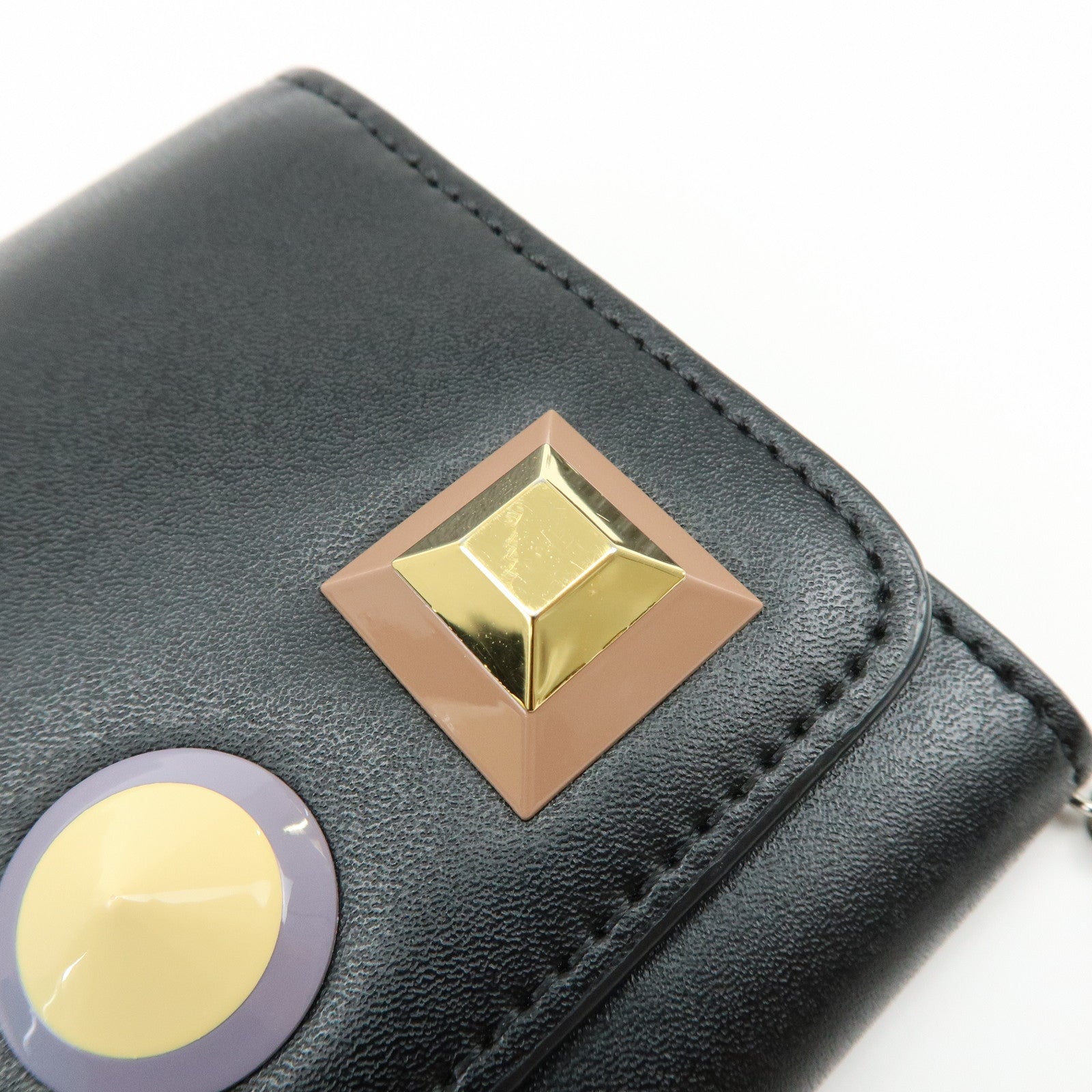 FENDI Leather Studs Chain Shoulder Wallet Long Wallet Black 8M0365