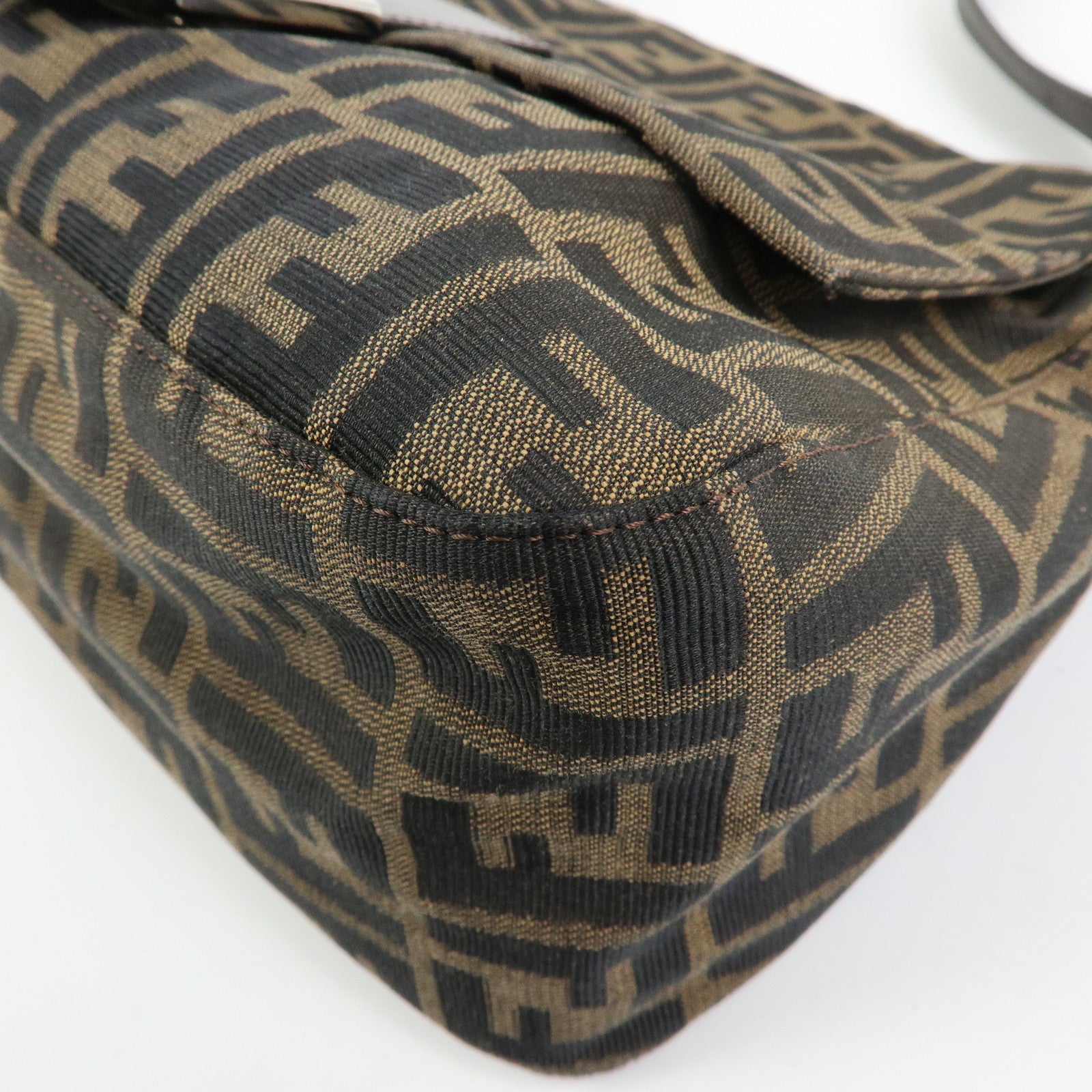 FENDI Mamma Baguette Zucca Canvas Leather Shoulder Bag Brown 26325