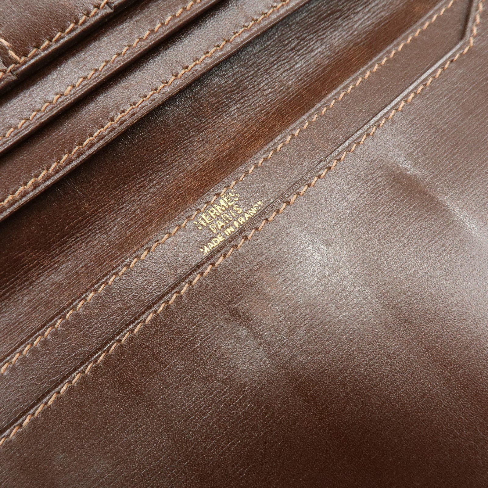 HERMES Box Calf Leather Long Bi-fold Wallet ☐FStamped Brown