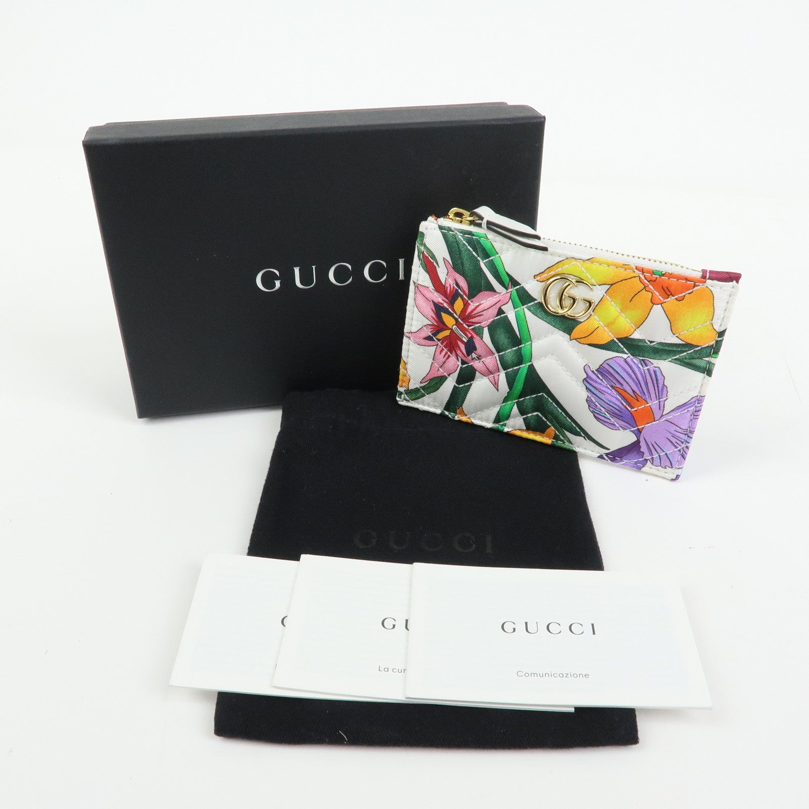 GUCCI GG Marmont FLora Double G Silk Coin Case Coin Purse White