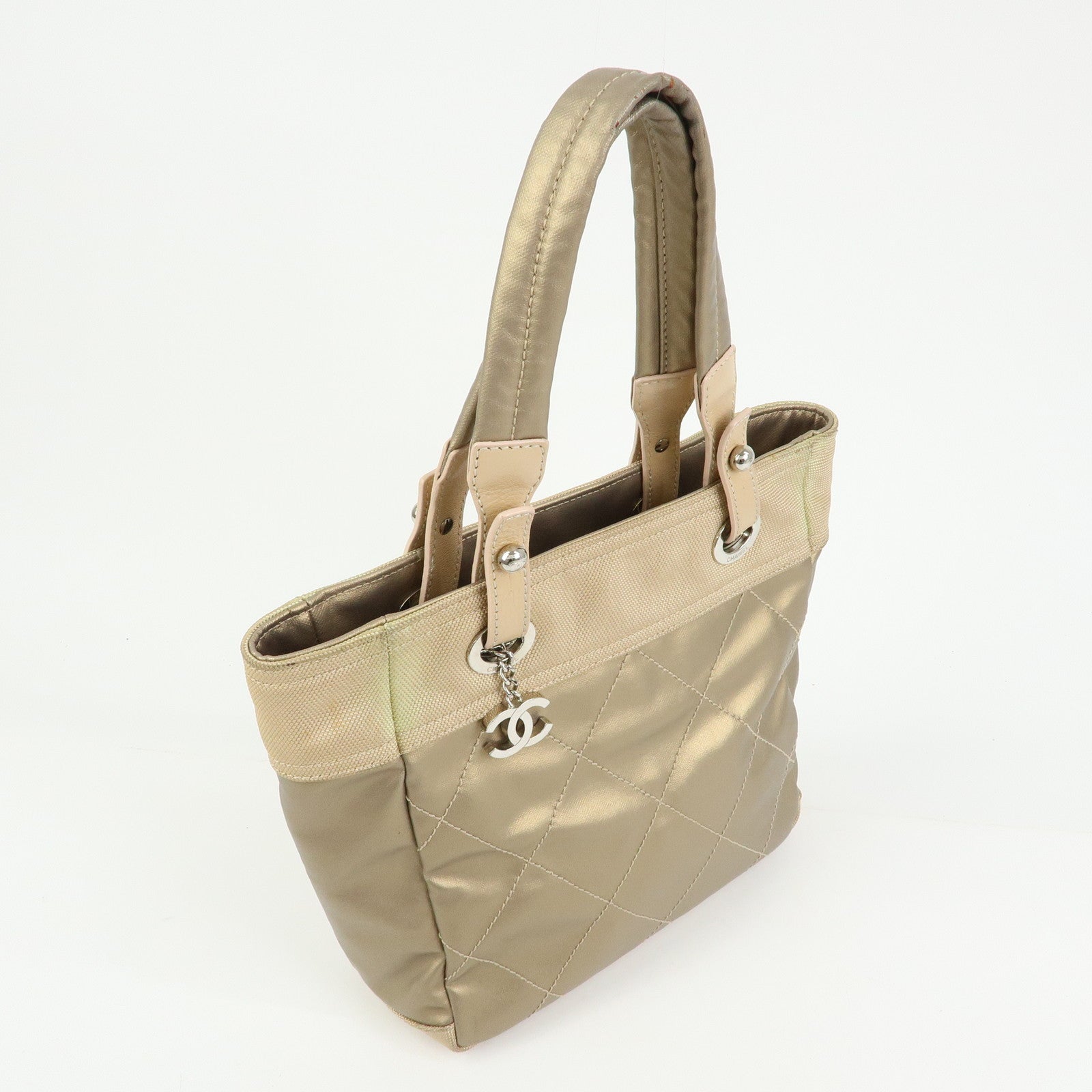 CHANEL Paris Biarritz PM Coated Canvas Leather Tote Bag Gold A34208