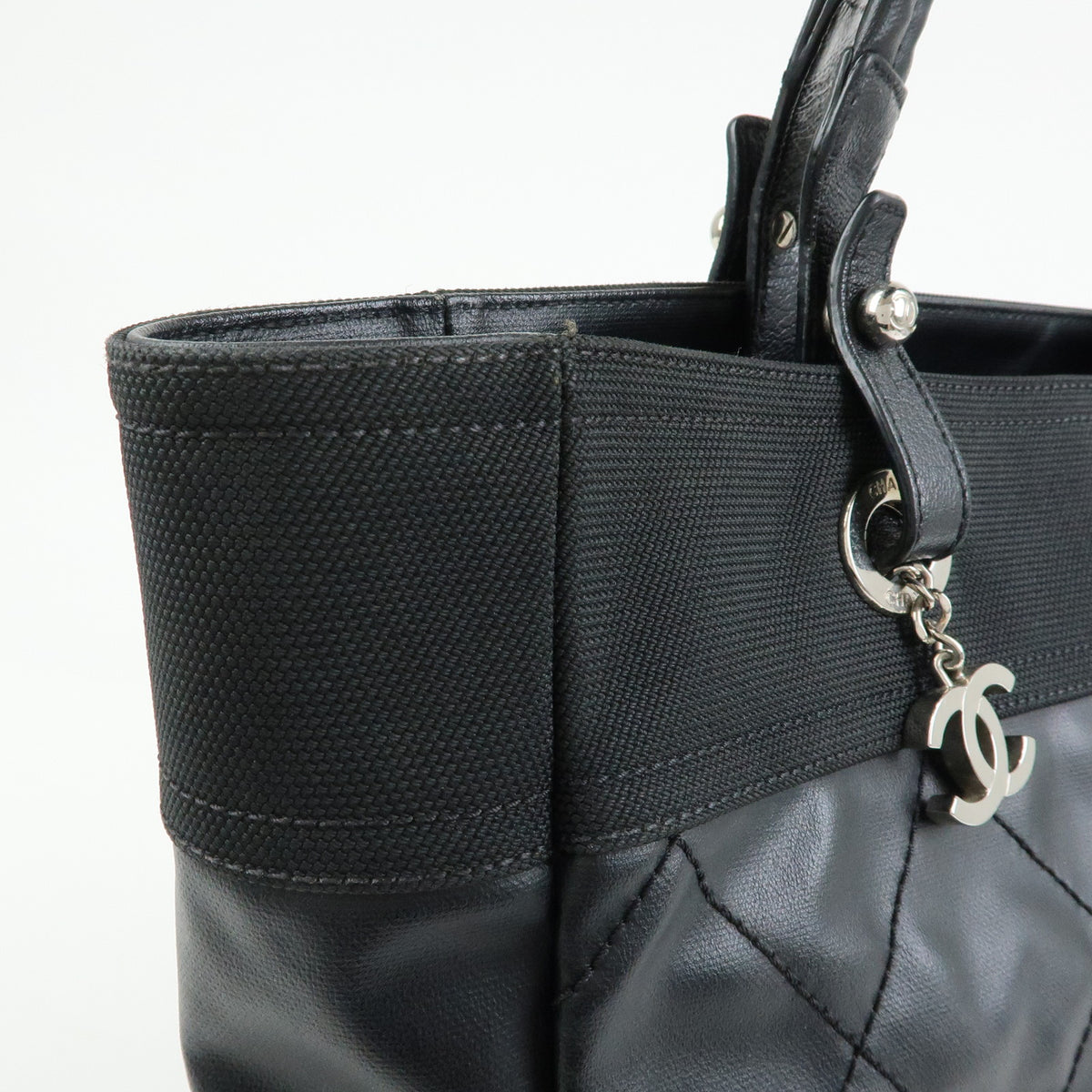 CHANEL Paris Biarritz MM Leather Canvas Tote Bag Hand Bag Black A34209