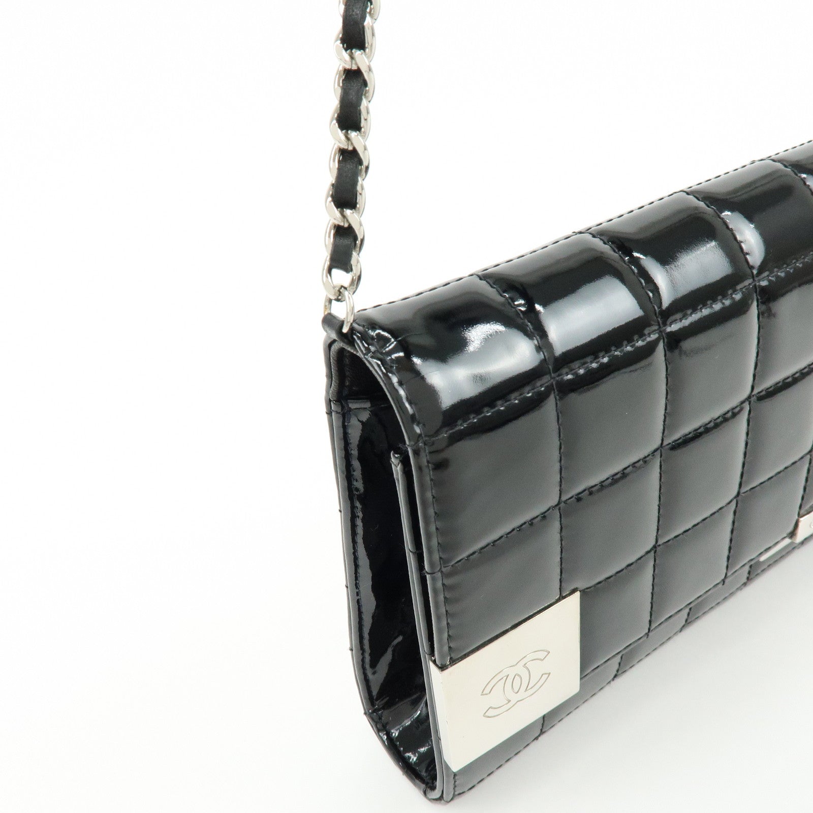 CHANEL Chocolate Bar COCO Mark Patent Leather Shoulder Bag Black Silver