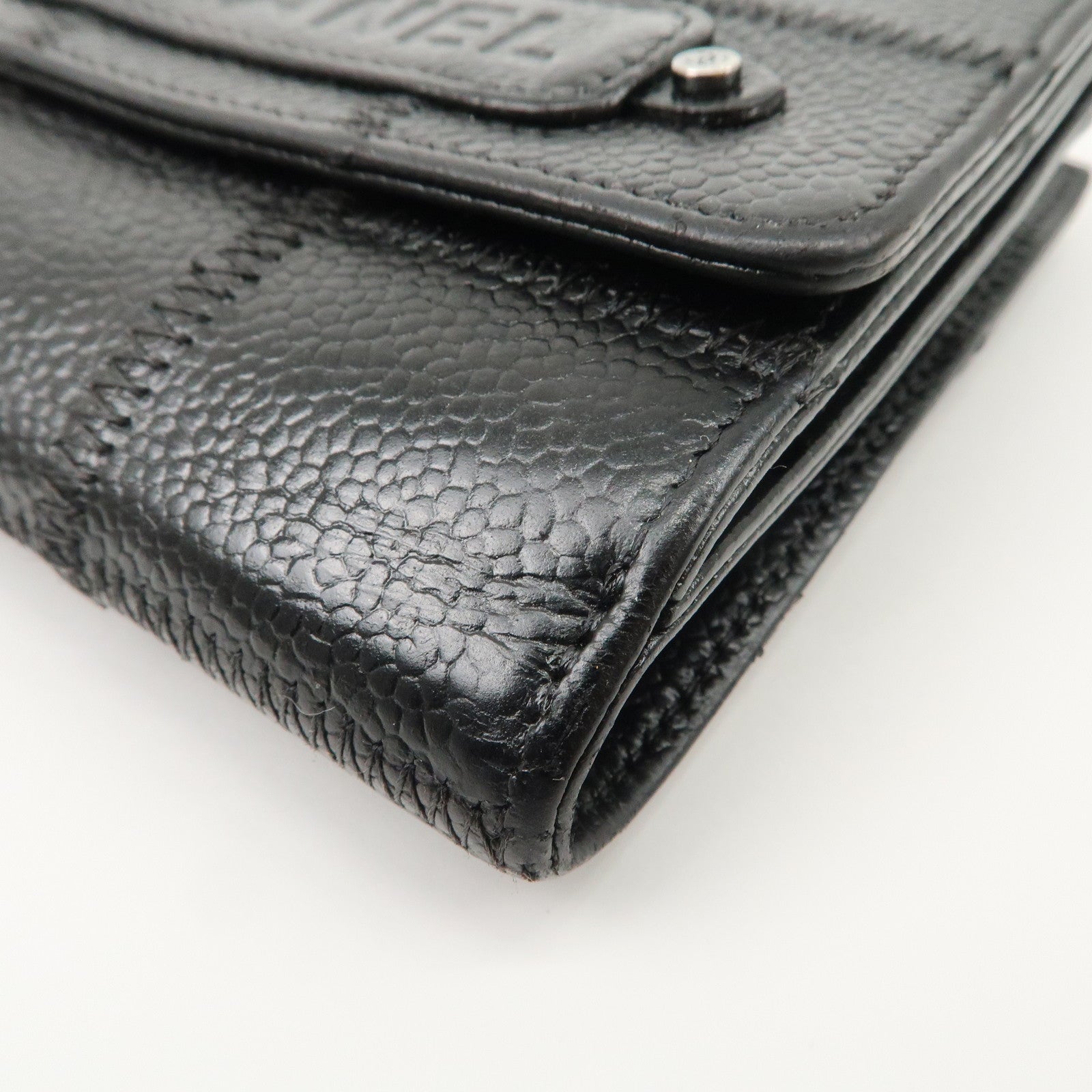 CHANEL Chocolate Bar Caviarskin W Hook Small Wallet Black Used