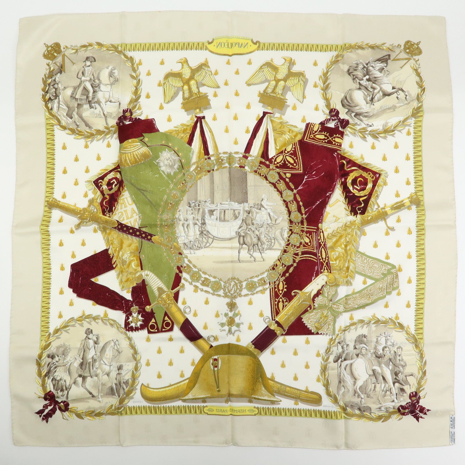 HERMES Carre 90 Silk 100% Scarf NAPOLEON Green White Red