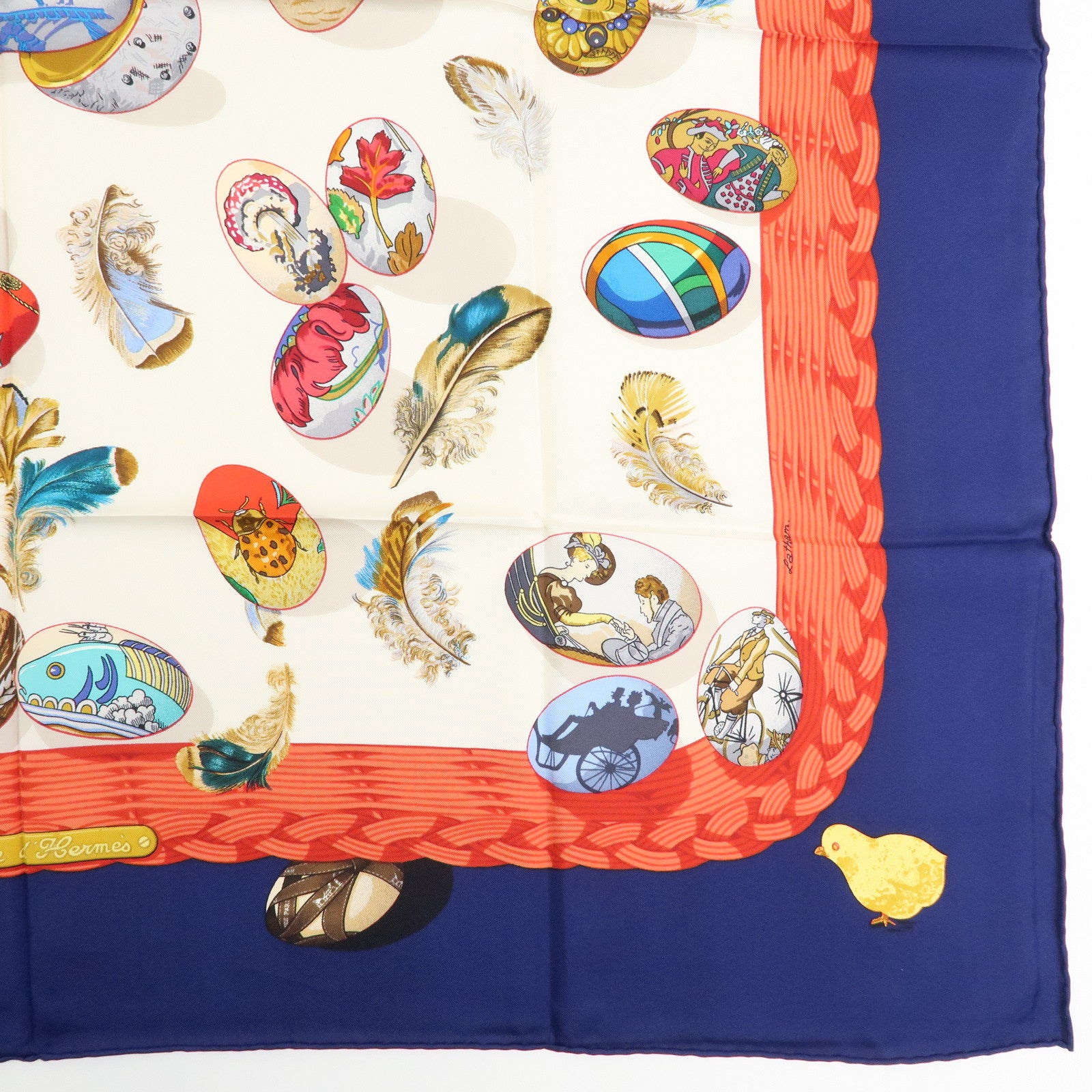HERMES Carre 90 Silk 100% Scarf COUVEE D HERMES Blue Red White