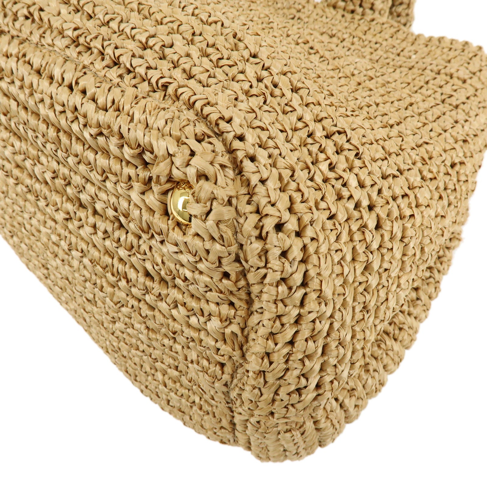PRADA Triangle Logo Raffia Tote Bag Hand Bag Shoulder Bag Beige