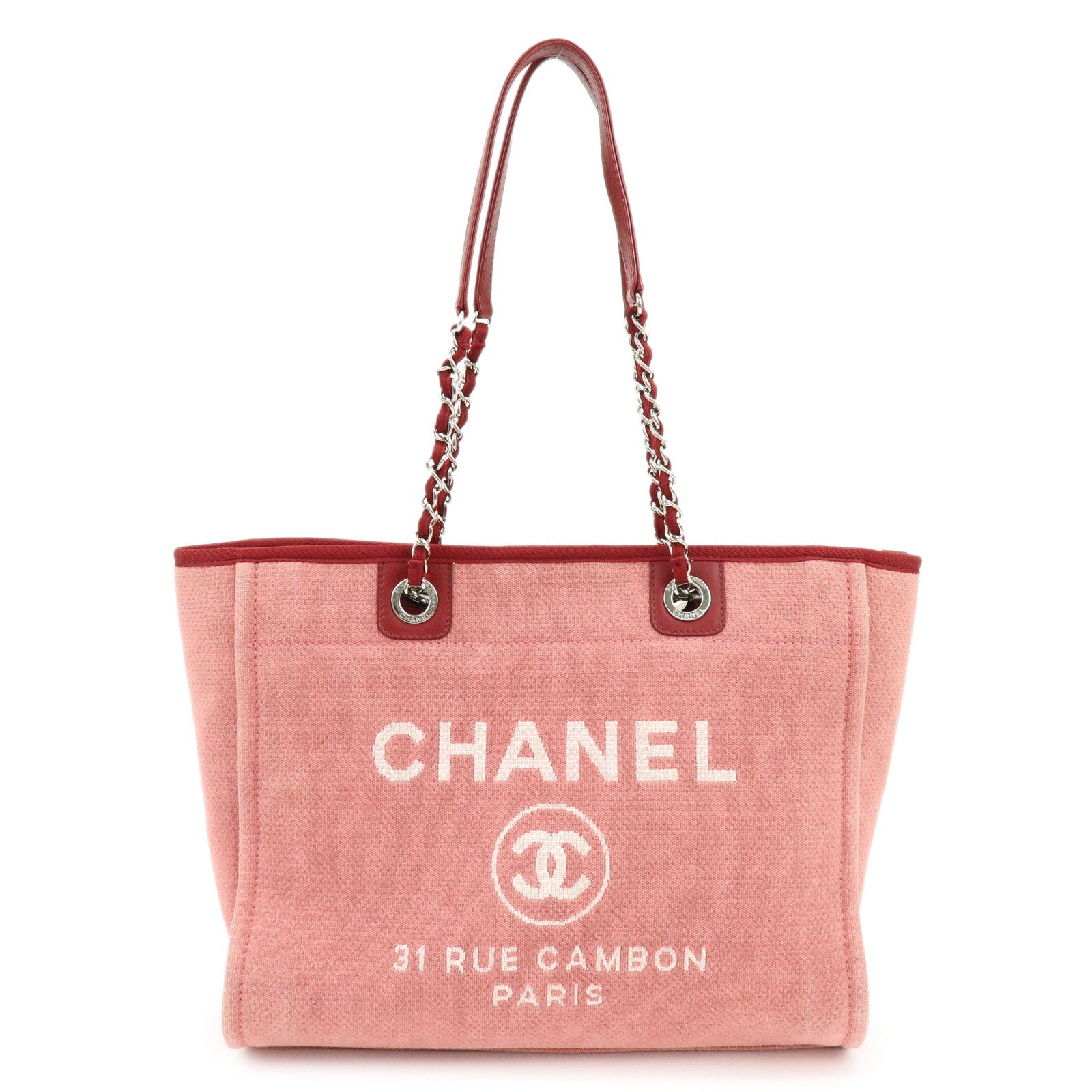 CHANEL Deauville MM Canvas Leather Chain Tote Bag Shoulder Bag A67001