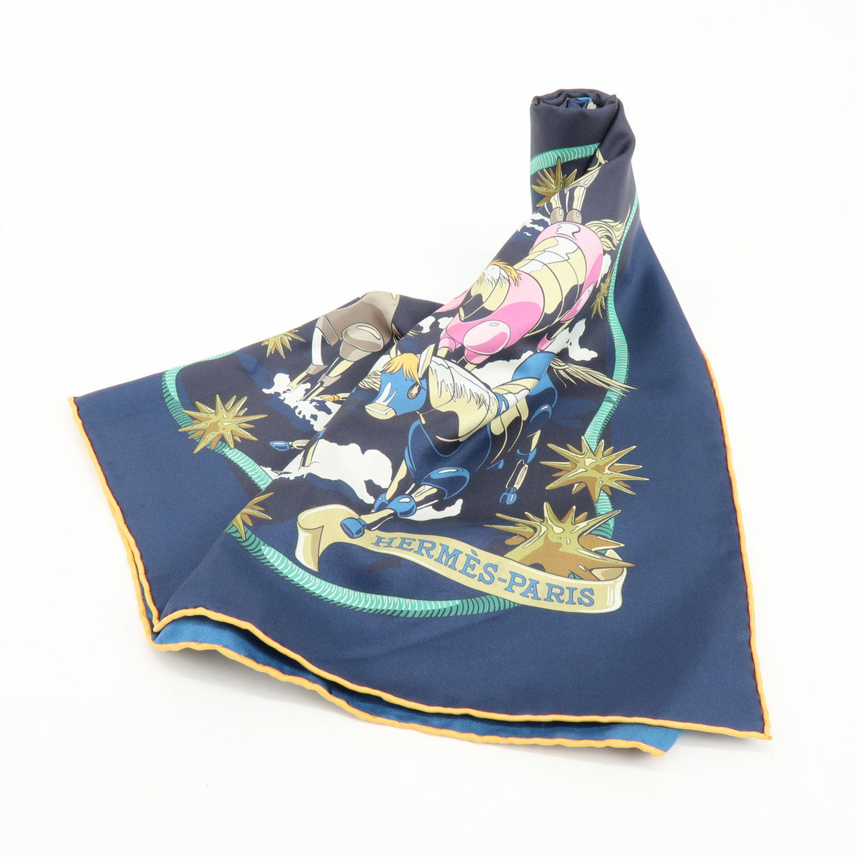 HERMES Carre Double Face 90 Silk 100% Scarf Les Mustangs Marble Navy