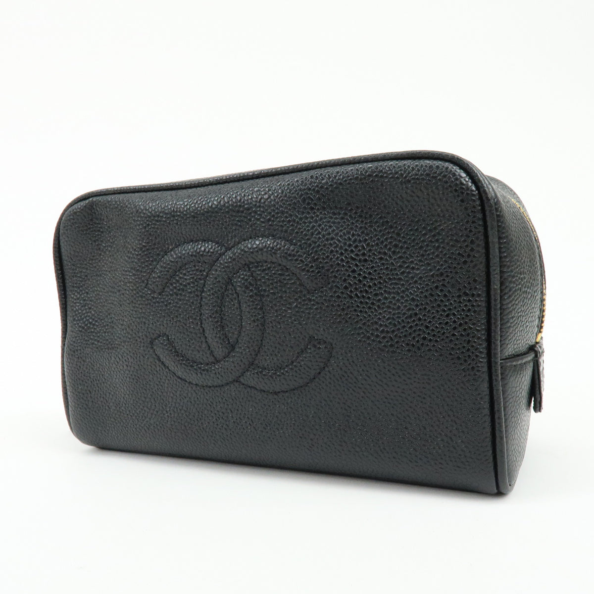 CHANEL COCO Mark Caviarskin Cosmetic Pouch Makeup Case Black