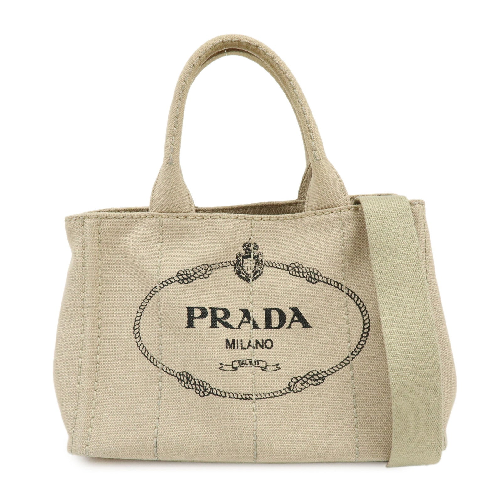 PRADA Triangle Logo Canapa Mini Canvas 2Way Bag Hand Bag Beige 1BG439