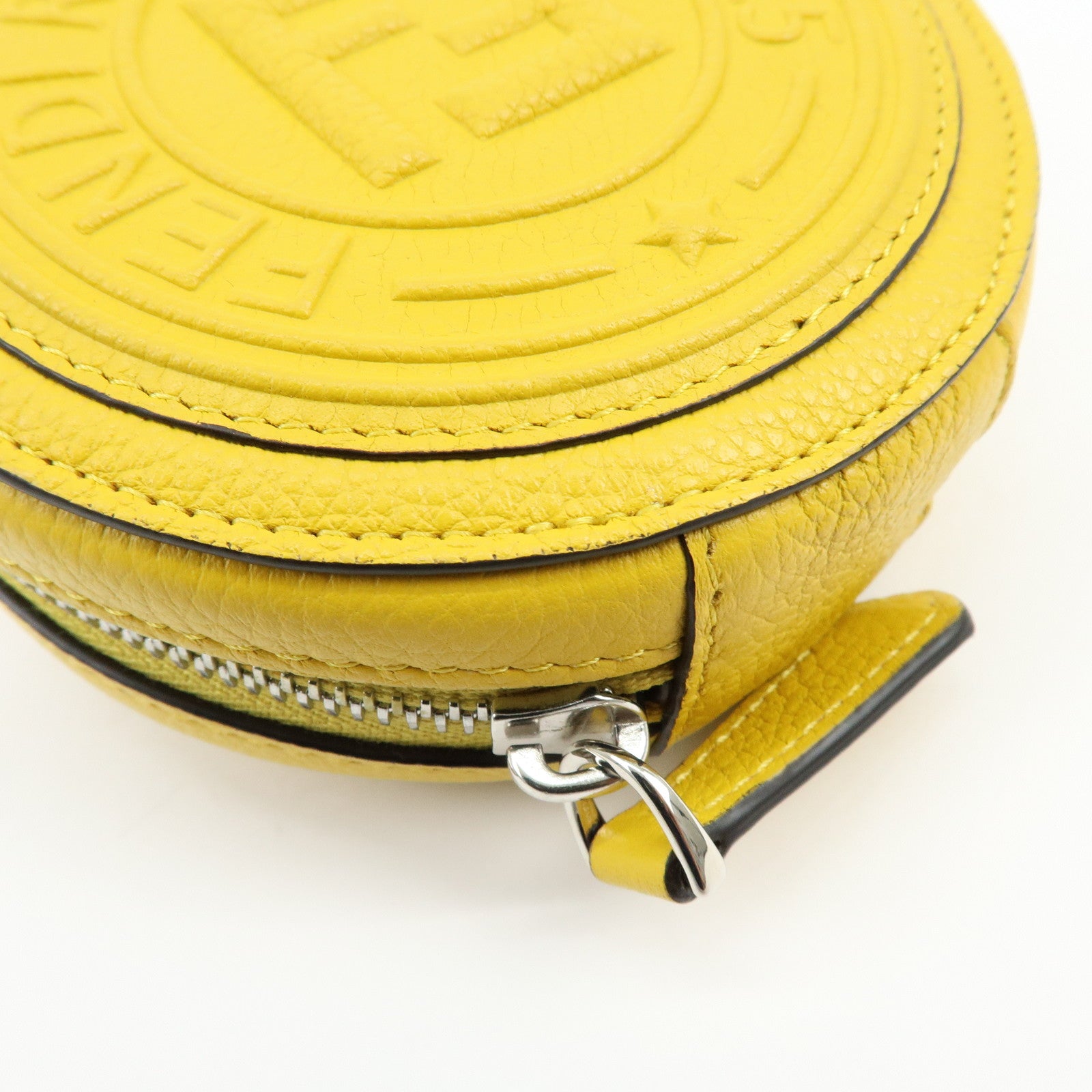 FENDI FF Logo Leather Round Zip Shoulder Bag Yellow 7M0359
