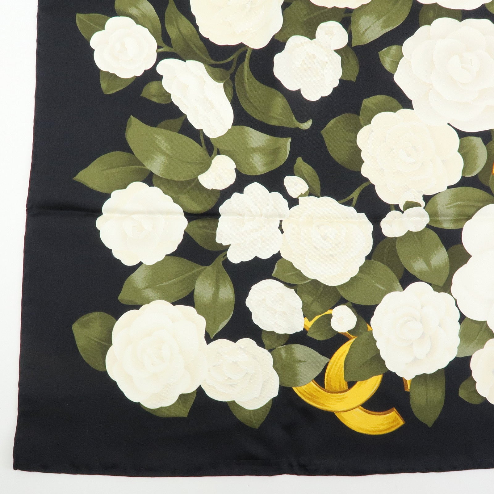 CHANEL COCO Mark Silk 100% Scarf Camellia Flower Black White Gold