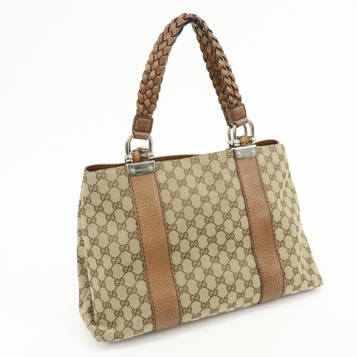 GUCCI Bamboo GG Canvas Leather Tote Bag Hand Bag Beige Brown 232947