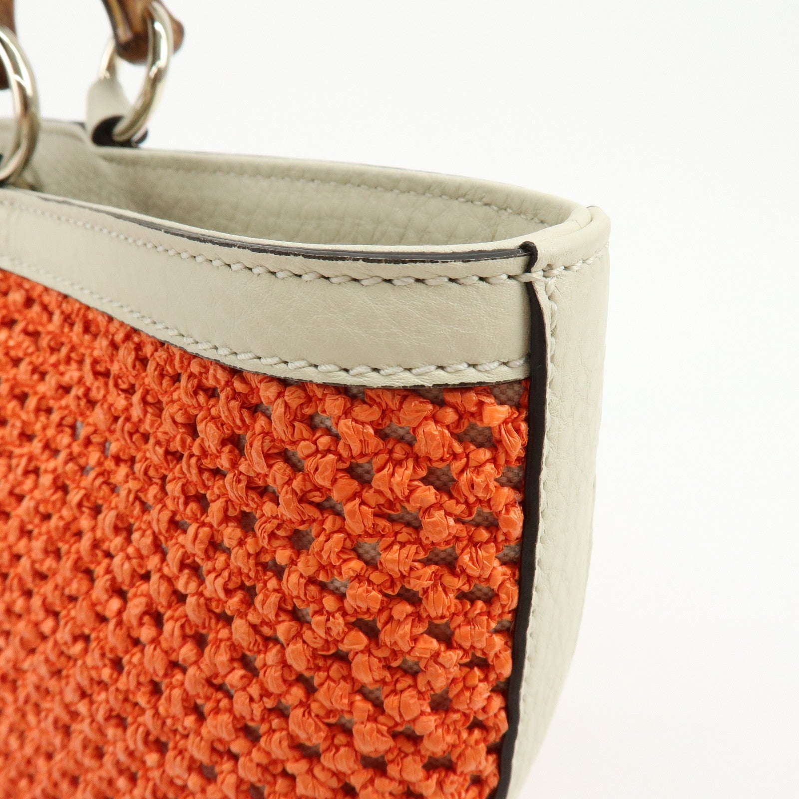 GUCCI Bamboo Raffia Leather Tote Bag Hand Bag Orange White 338965