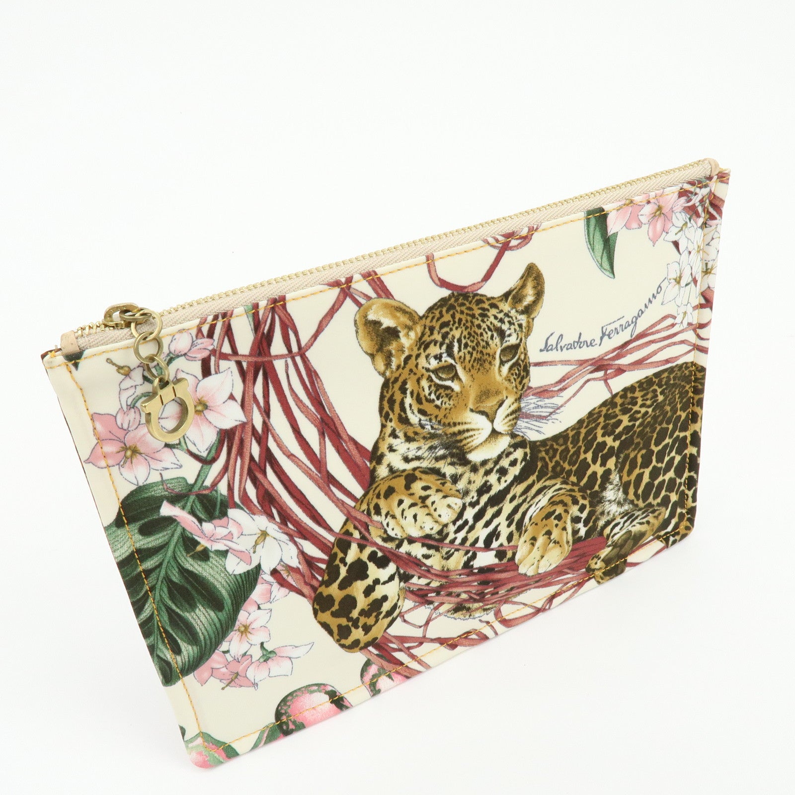 Ferragamo Gancini Nylon Leopard Flat Pouch Beige Pink