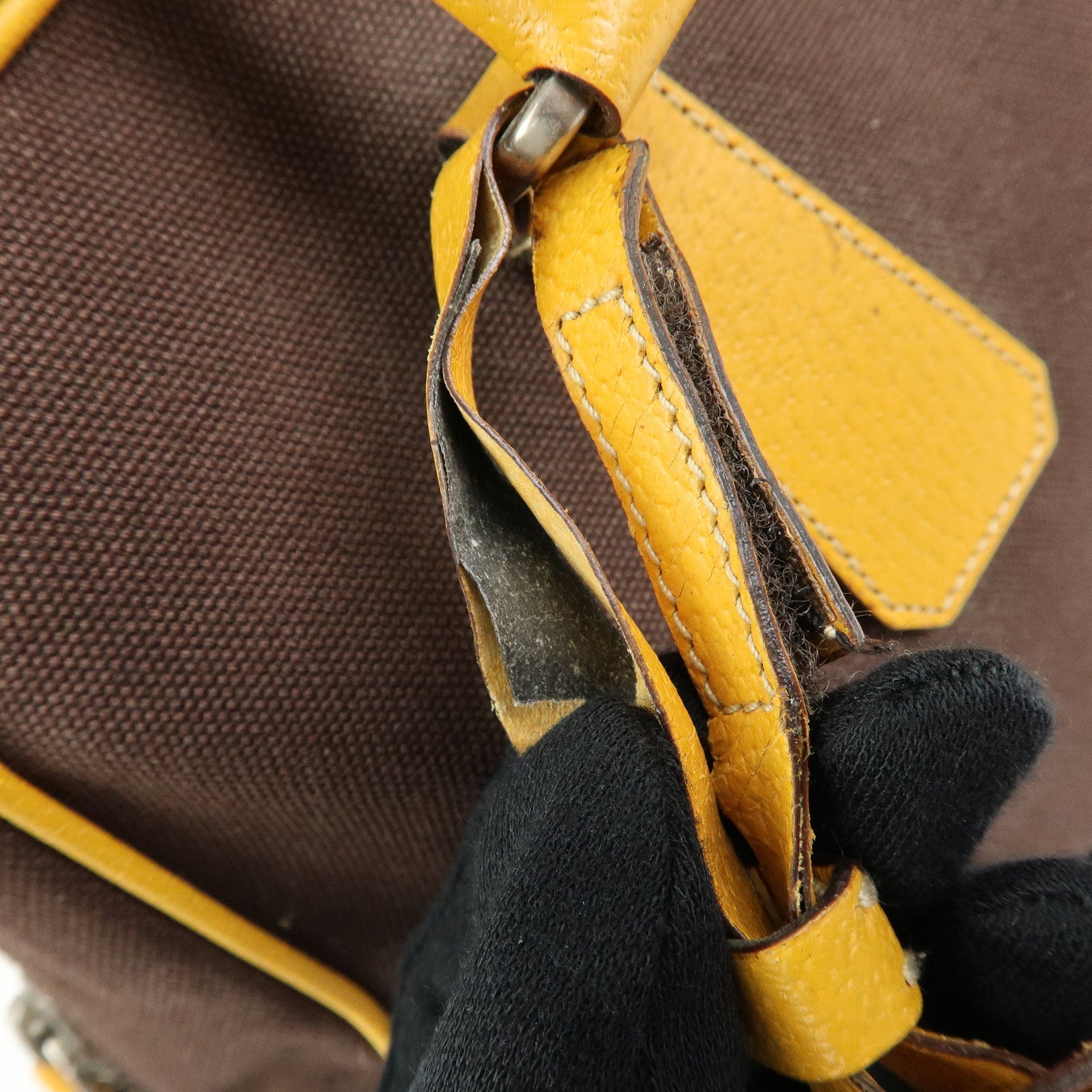 PRADA Triangle Logo Canvas Leather Boston Bag Brown Yellow B10813