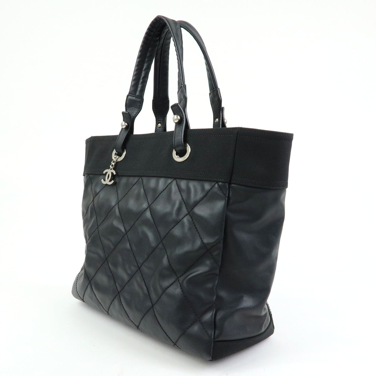 CHANEL Paris Biarritz MM Leather Canvas Tote Bag Hand Bag Black A34209