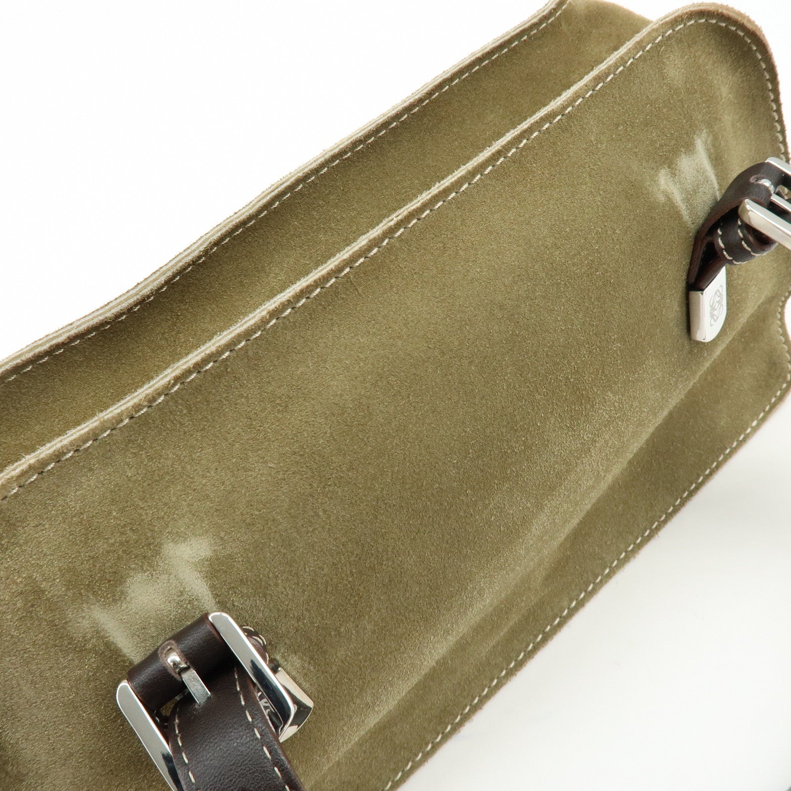 LOEWE Anagram Suede Leather Hand Bag Tote Bag Studs Khaki Brown