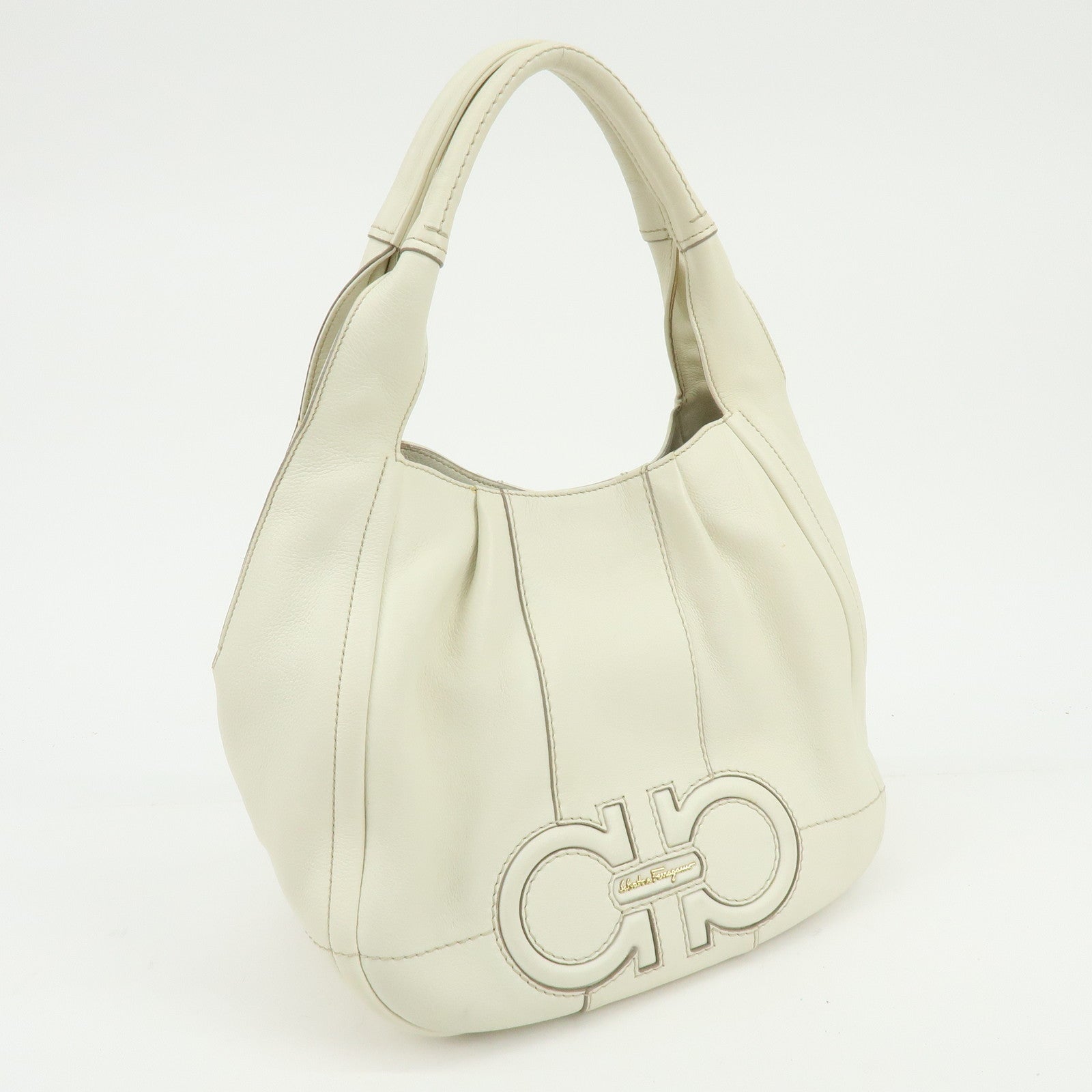Ferragamo Gancini Leather Shoulder Bag Hand Bag Ivory