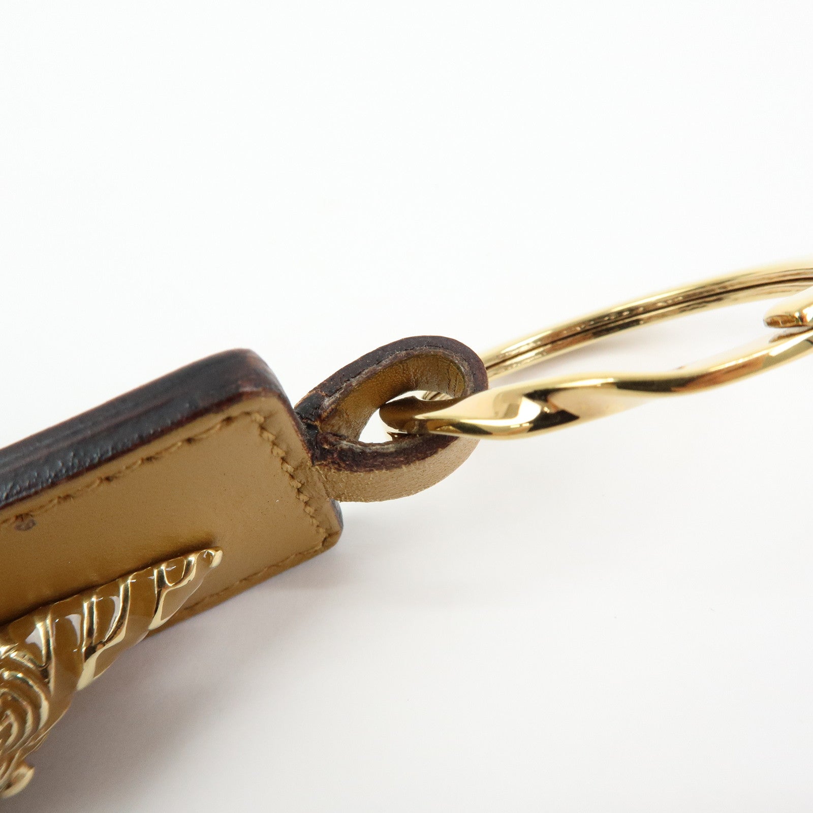 GUCCI Tiger Head Leather Metal Bag Charm Key Holder Brown Gold