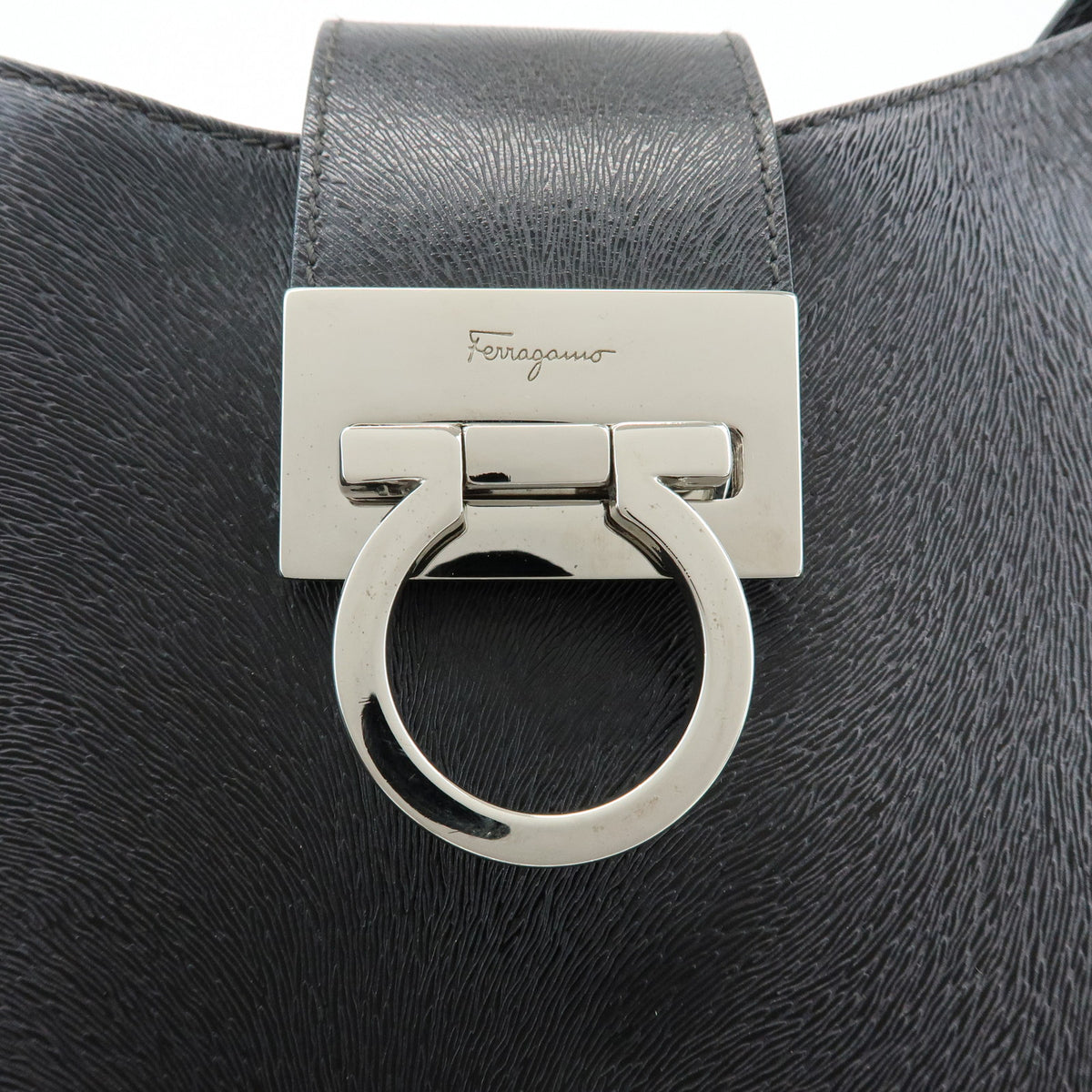 Ferragamo Gancini Leather Shoulder Bag Hand Bag Black Grey