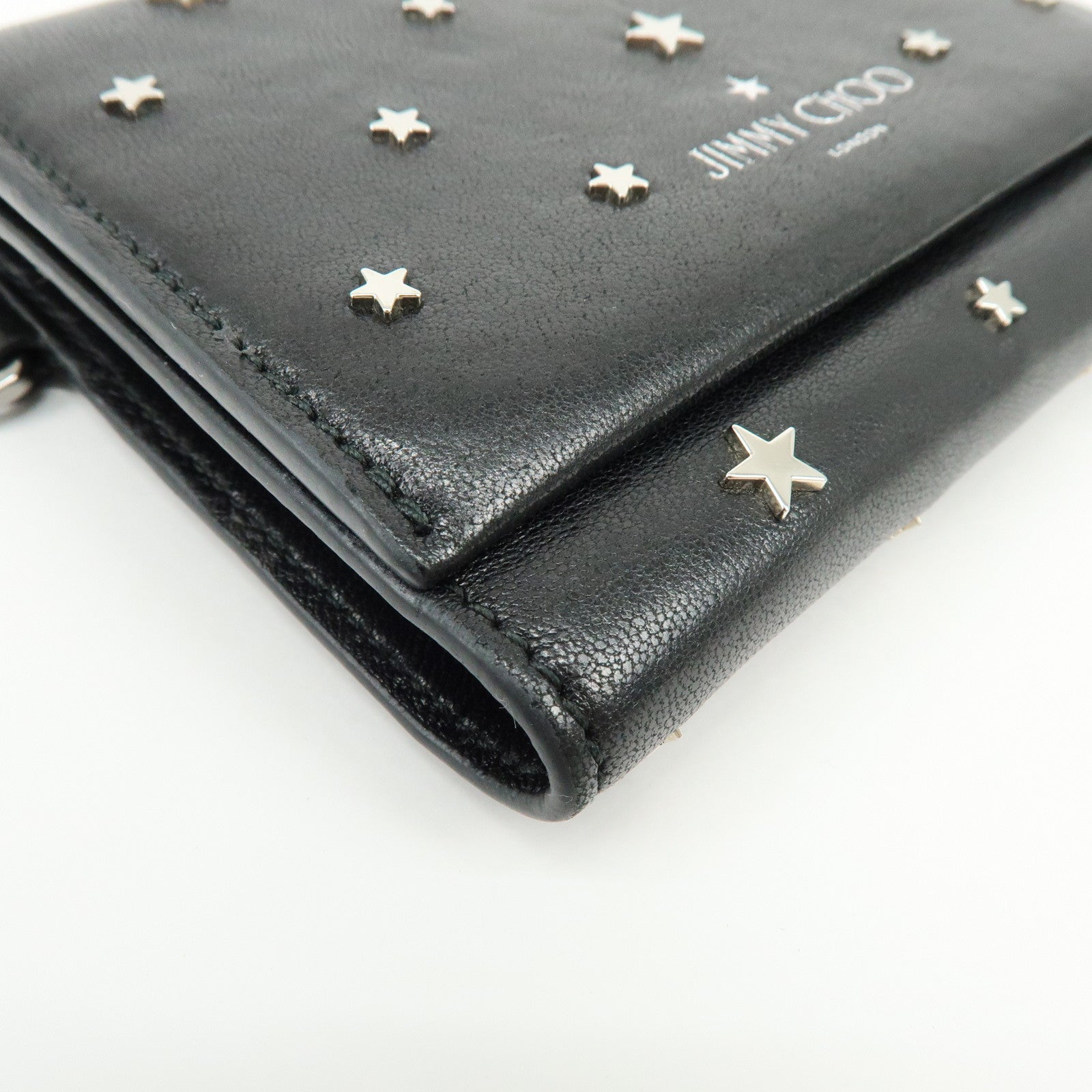 Jimmy Choo Leather Tri-fold Chain Wallet Studs Stars Black
