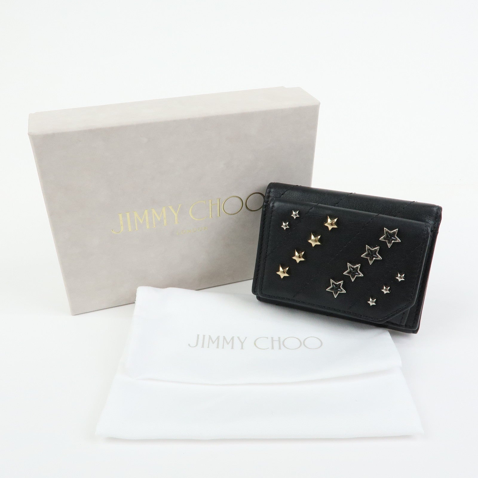 JIMMY CHOO Star Studs Leather Compact Tri-fold Wallet Black