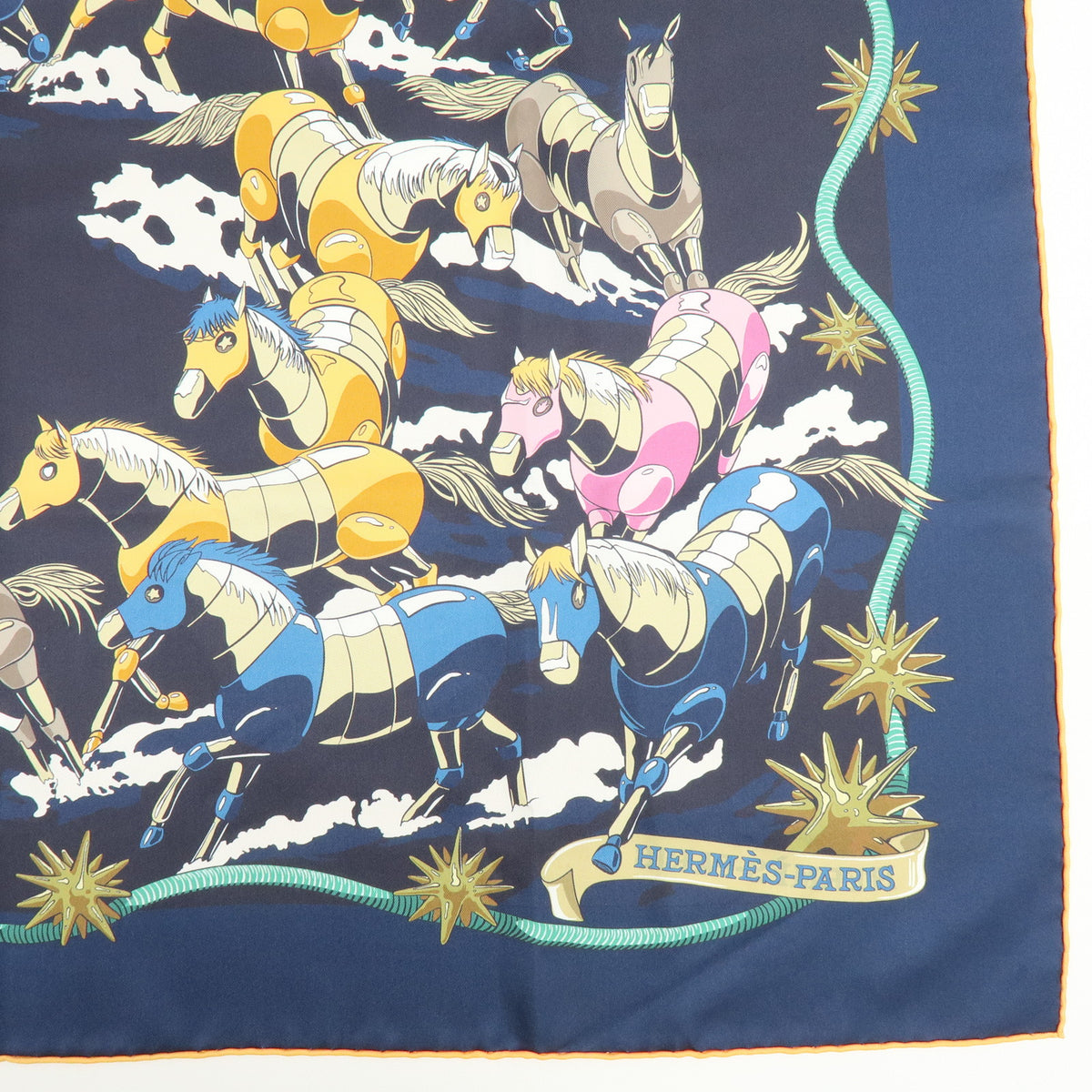 HERMES Carre Double Face 90 Silk 100% Scarf Les Mustangs Marble Navy