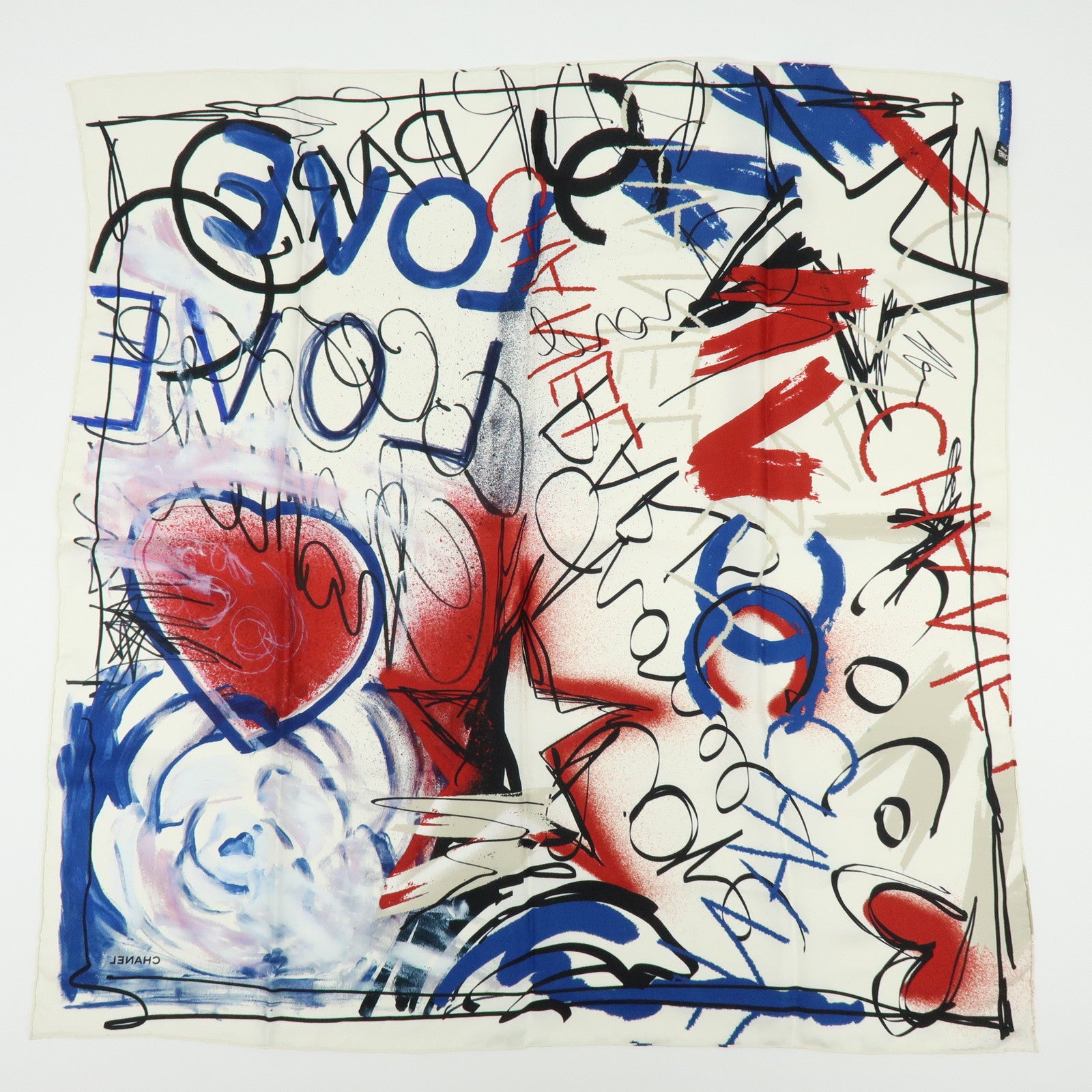 CHANEL Silk 100% Scarf Graffiti Painting LOVE  White Blue Red Black