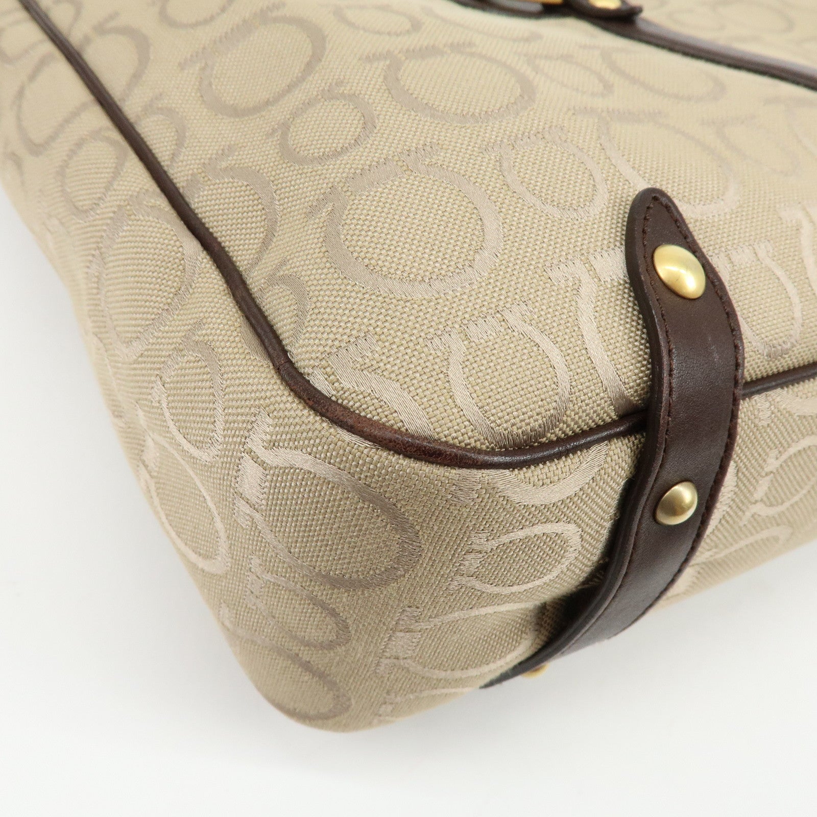Ferragamo Gancini Canvas Leather Tote Bag Hand Bag Beige Brown