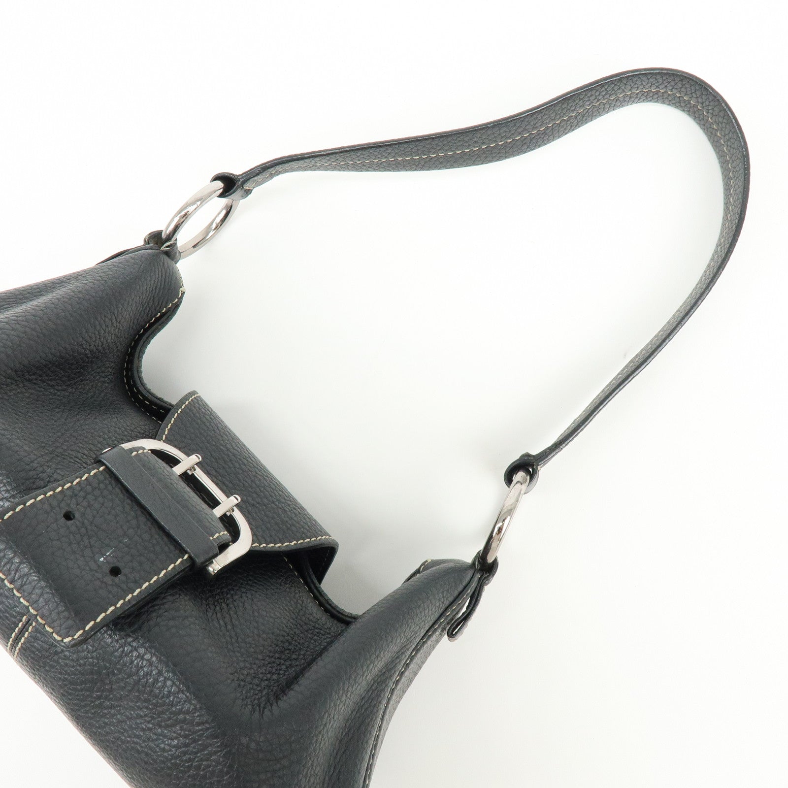 TOD'S Leather Stitched Buckle Hand Bag Shoulder Bag Black
