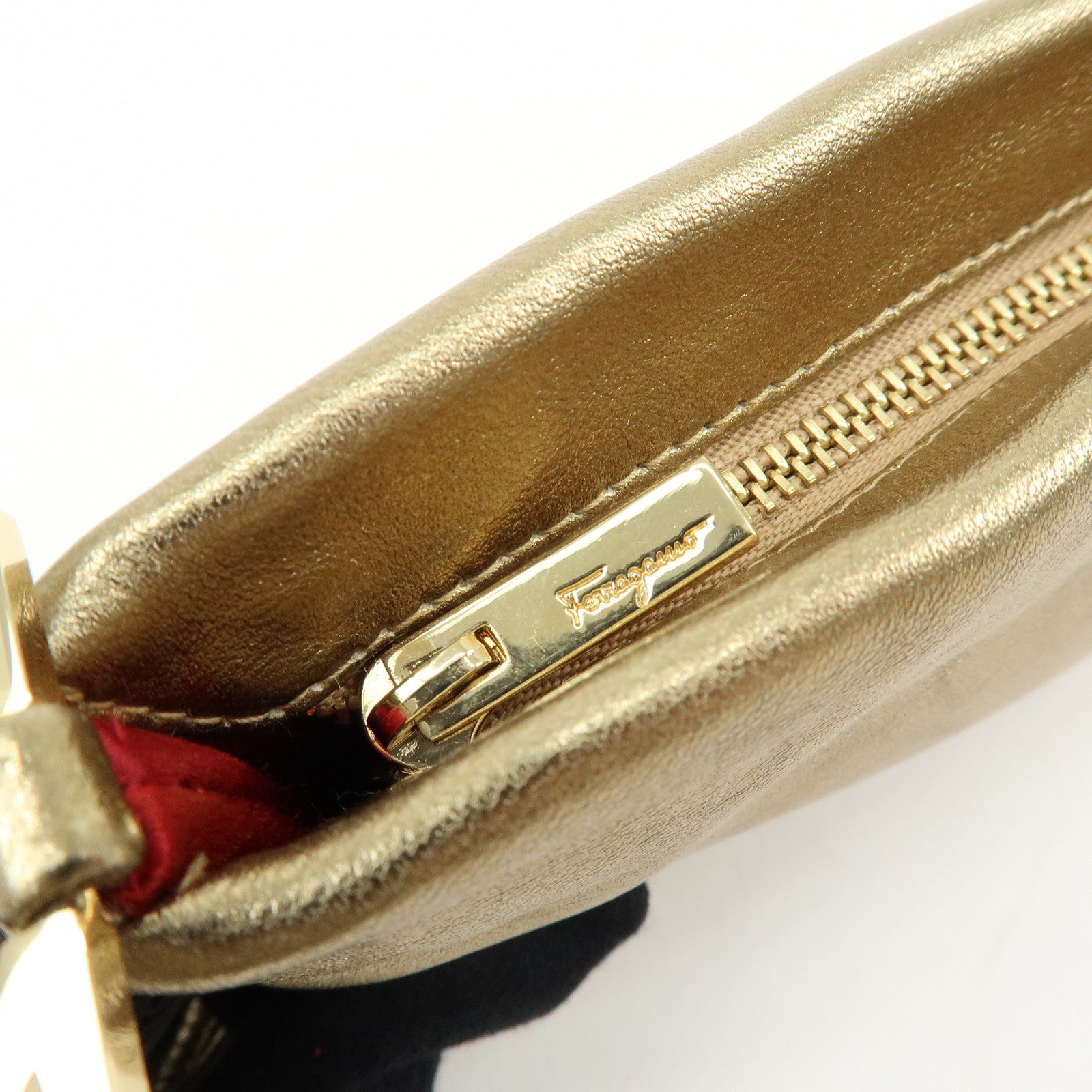 Ferragamo Gancini Nappa Leather Shoulder Hand Bag Gold