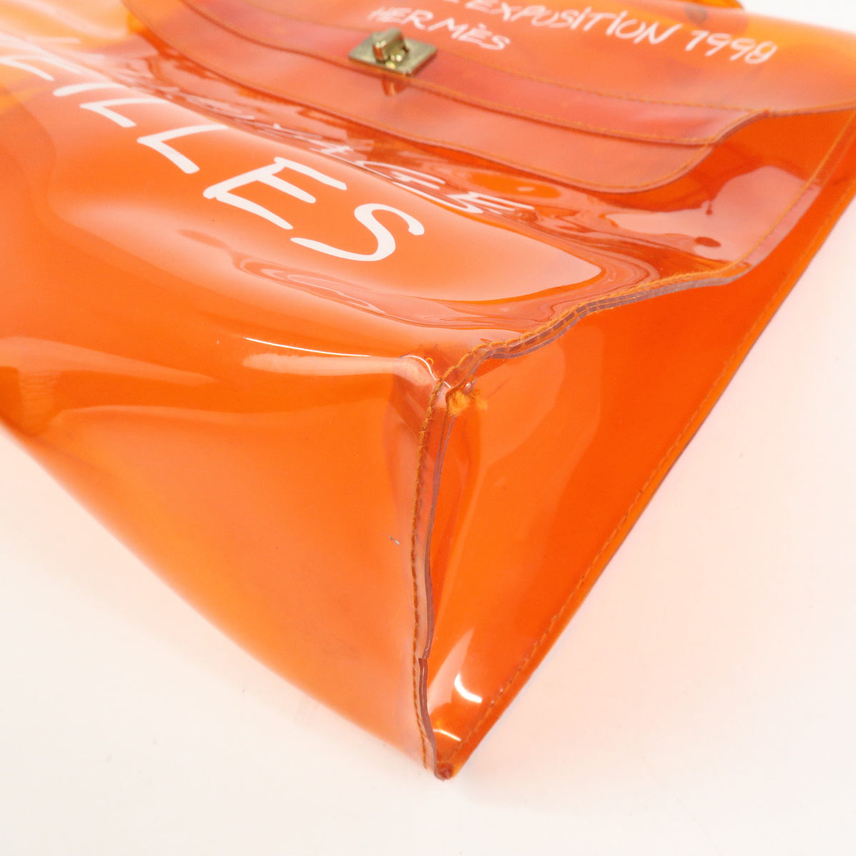HERMES Vinyl Kelly Clear Hand Bag Transparent  Orange