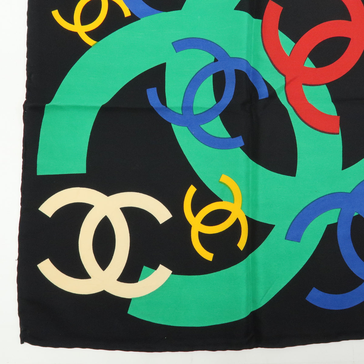 CHANEL COCO Mark Silk 100% Scarf Shawl Black Multicolor