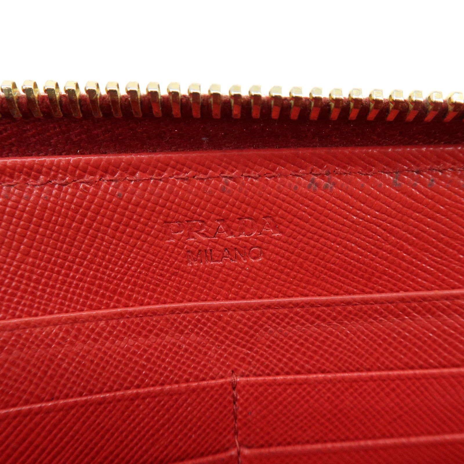 PRADA Saffiano Leather Cherry Round Zippy Long Wallet Red