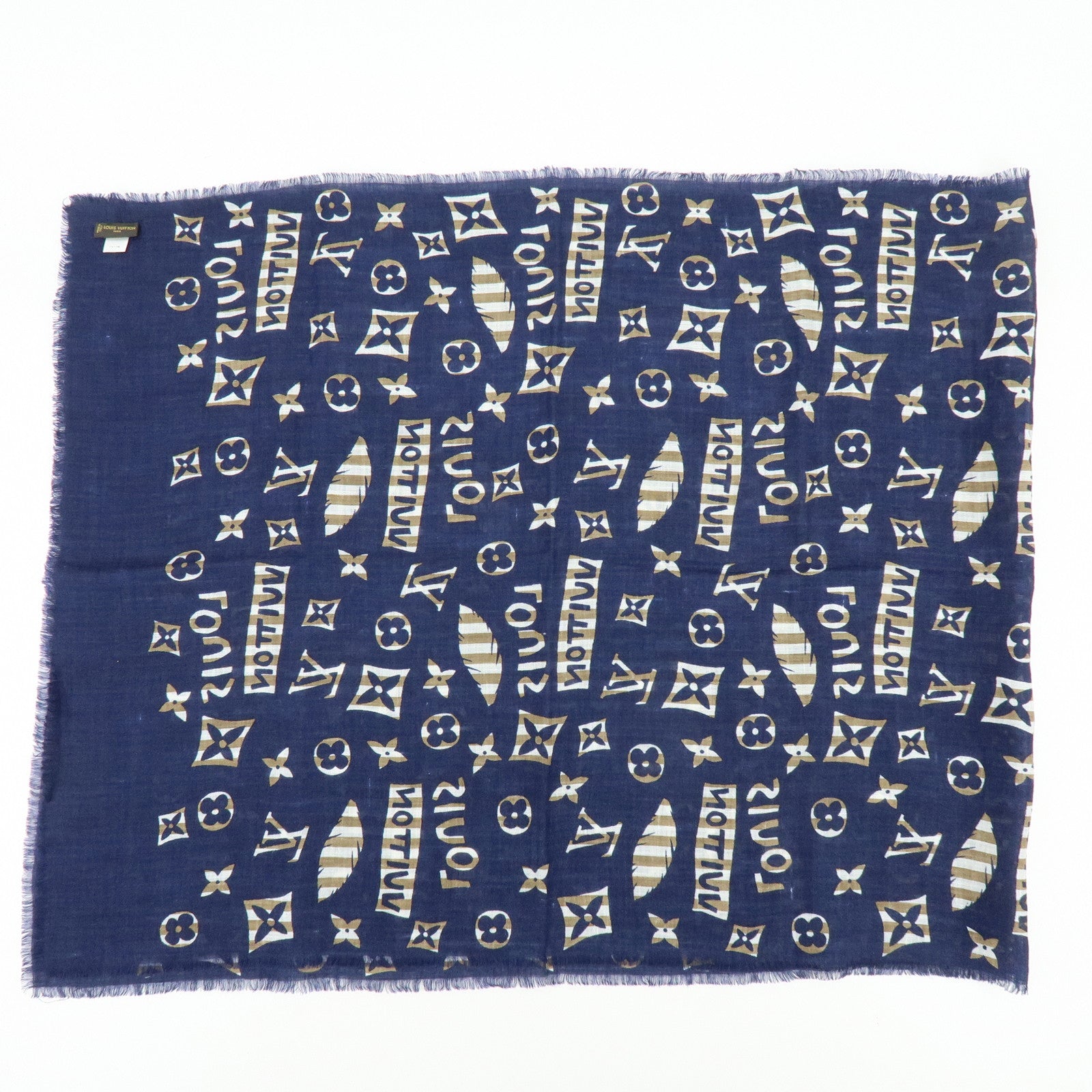 Louis Vuitton Monogram Linen Silk Scarf Shawl Navy Light Brown