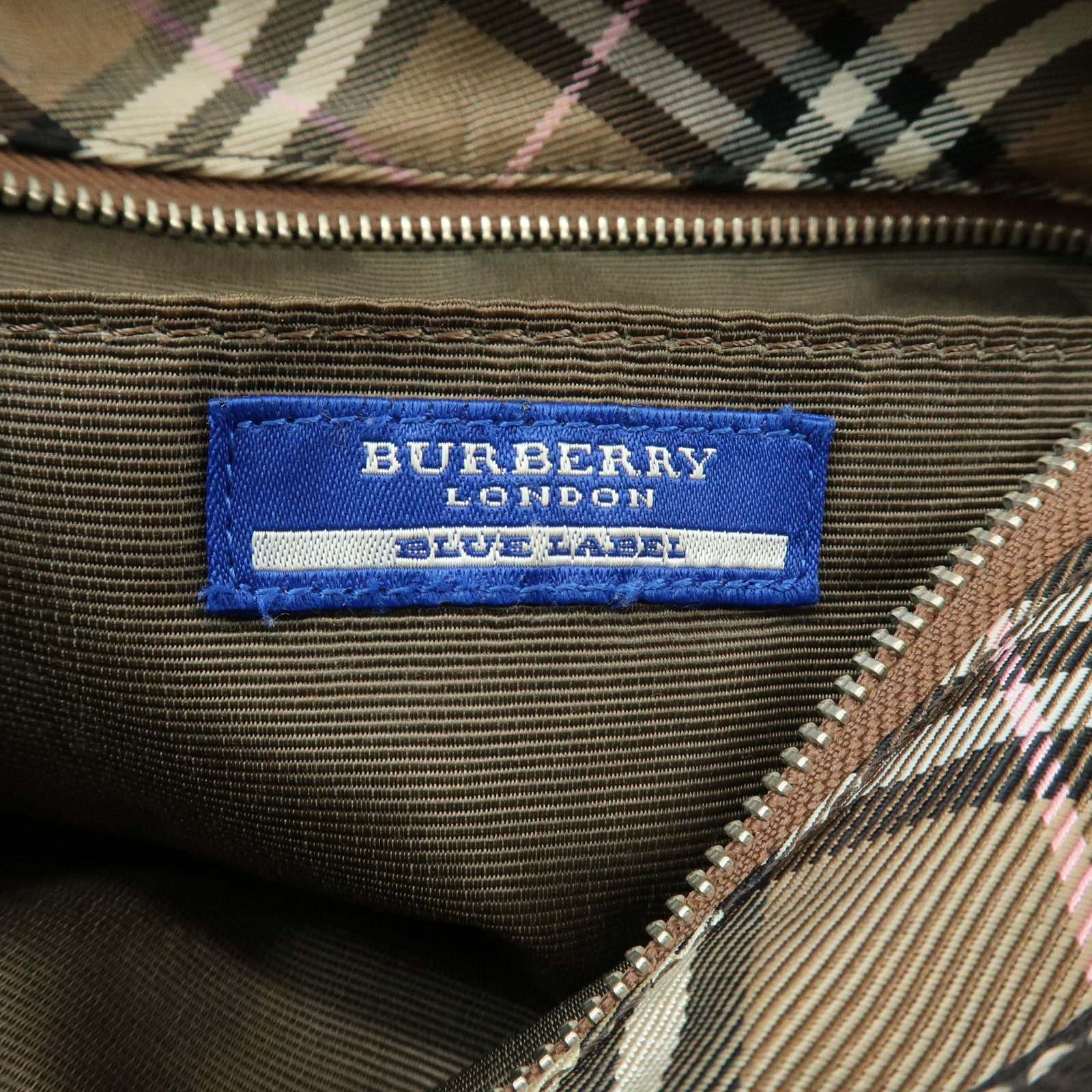 BURBERRY Nova Plaid Blue Label Canvas Leather Shoulder Bag Brown